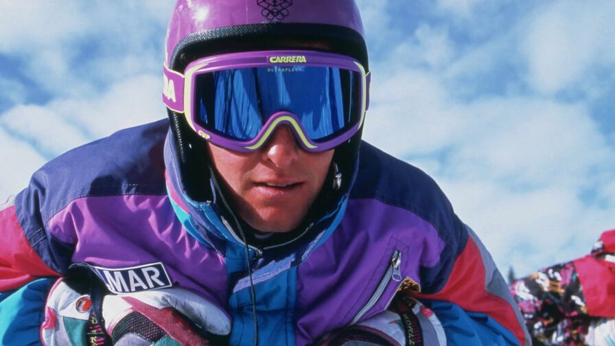 close-up of a man skiing