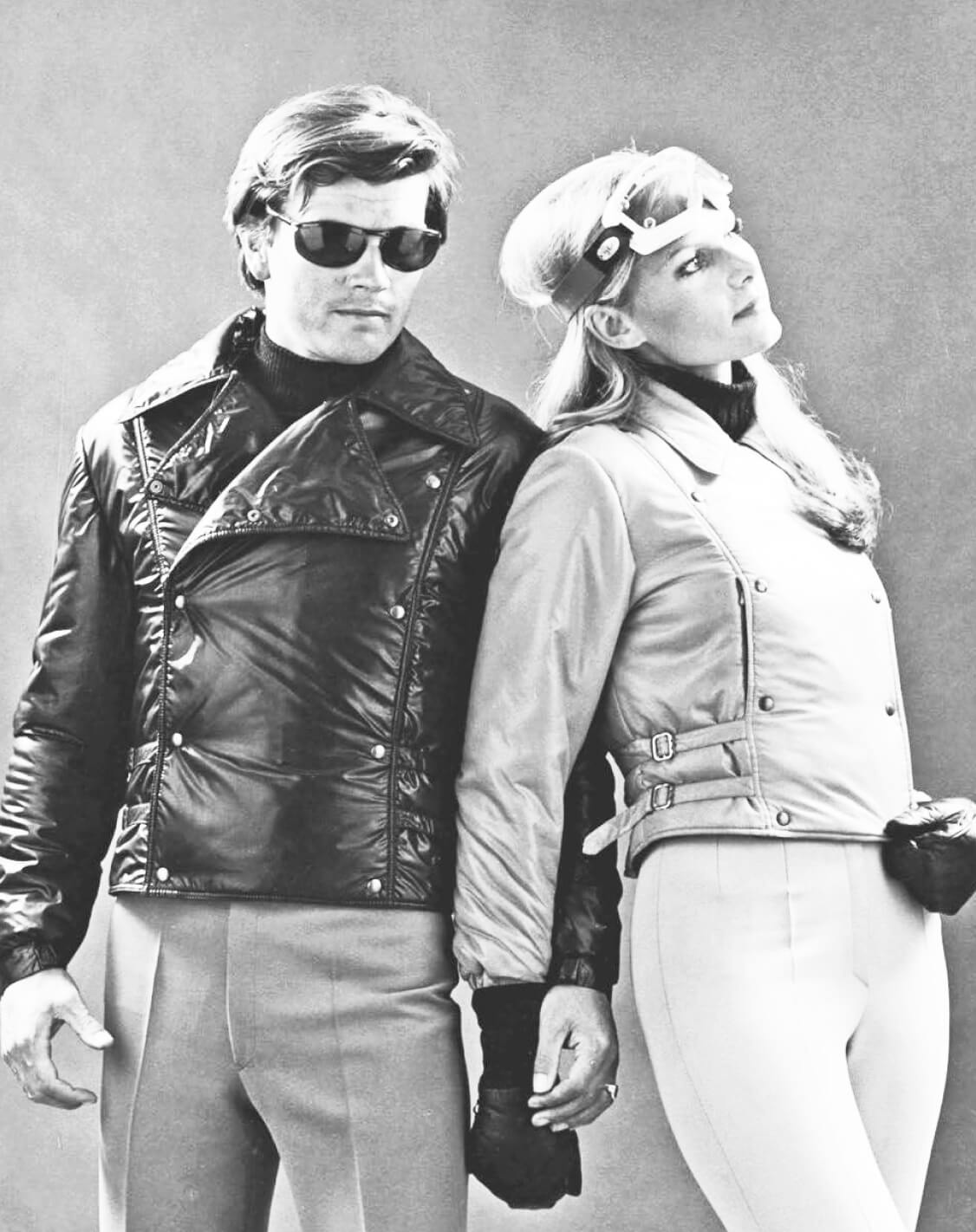 1960s couple of skiers in black and white