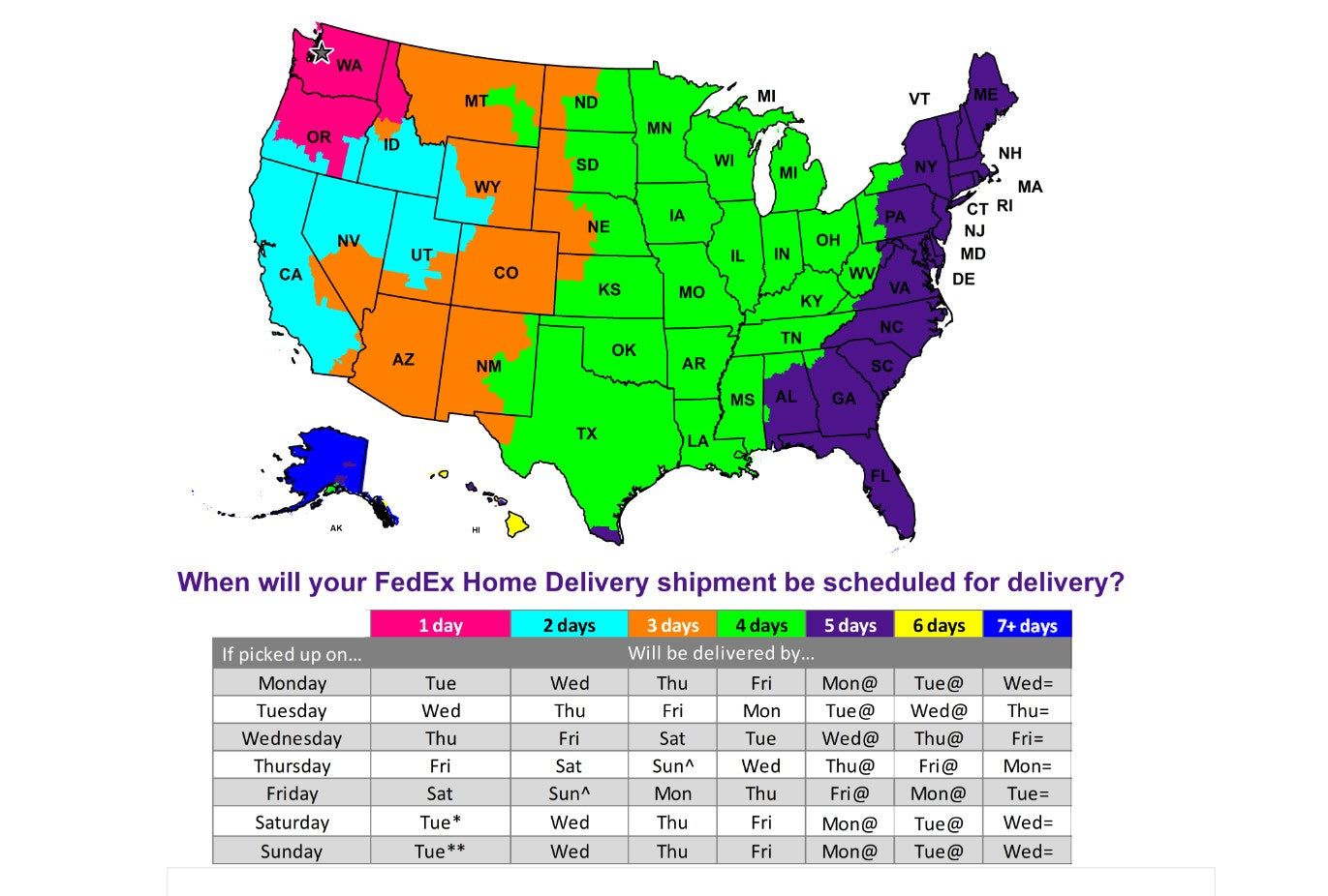 FedEx Ground transit-time map showing estimated ground shipping days across the United States