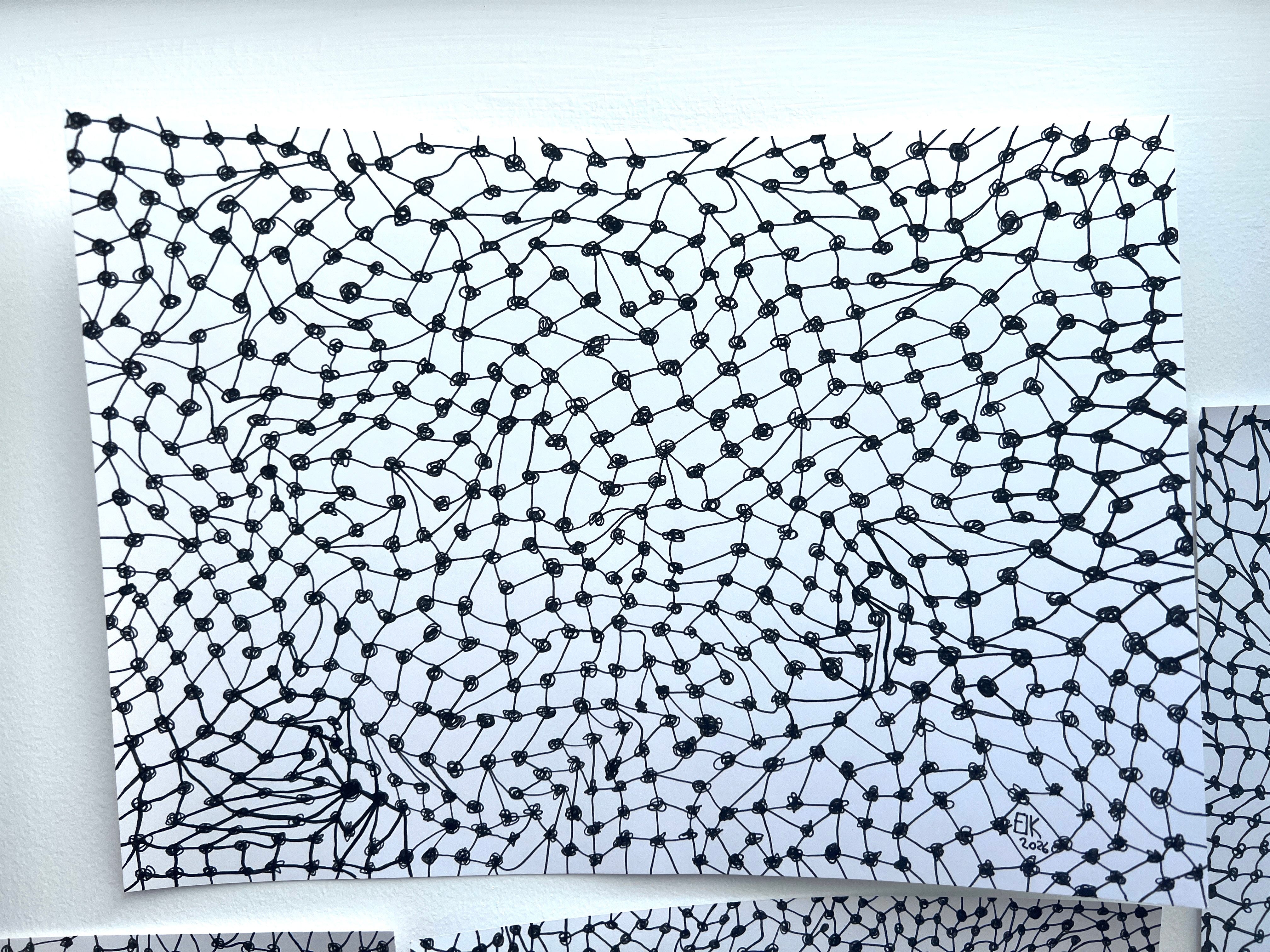 Artist sketch of a net. Pen and black lightfast ink drawn on Bristol board white paper, of a meshes consisting of knots and lines, all appear different and irregular. The image covers the paper and appears to be a net structure, with no edges or boundaries.