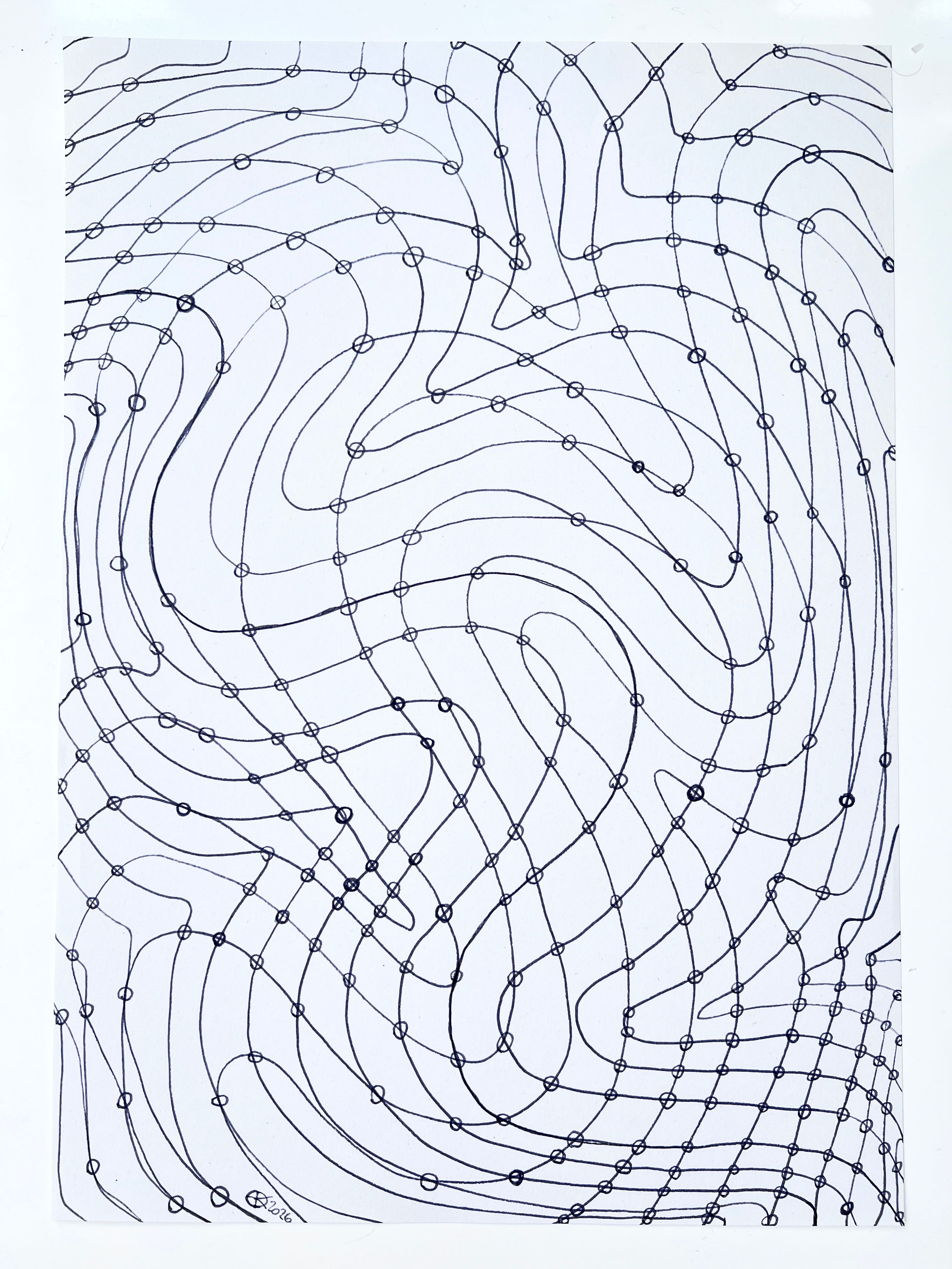 Artist sketch of a net drawn onto off white, recycled coffee cup paper of a meshes consisting of knots and lines, all appear different and irregular. The image covers the paper and appears to be a net structure, with no edges. 