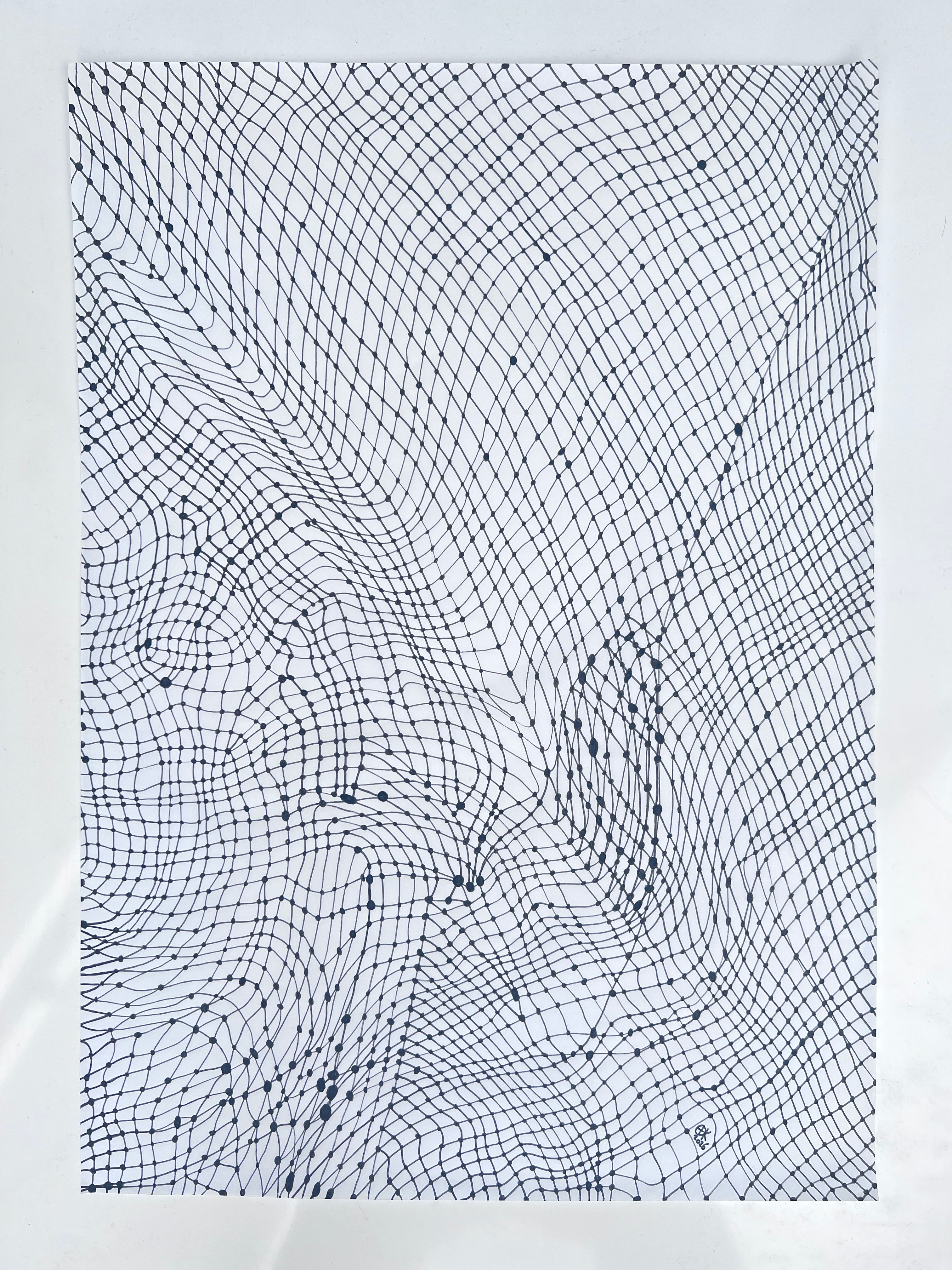  Artist sketch of a net. Pen and black lightfast ink drawn on off white, recycled coffee cup paper of a meshes consisting of knots and lines, all appear different and irregular. The image covers the entire surface of the delicate, translucent paper and appears to be a net structure, with no edges or boundaries.