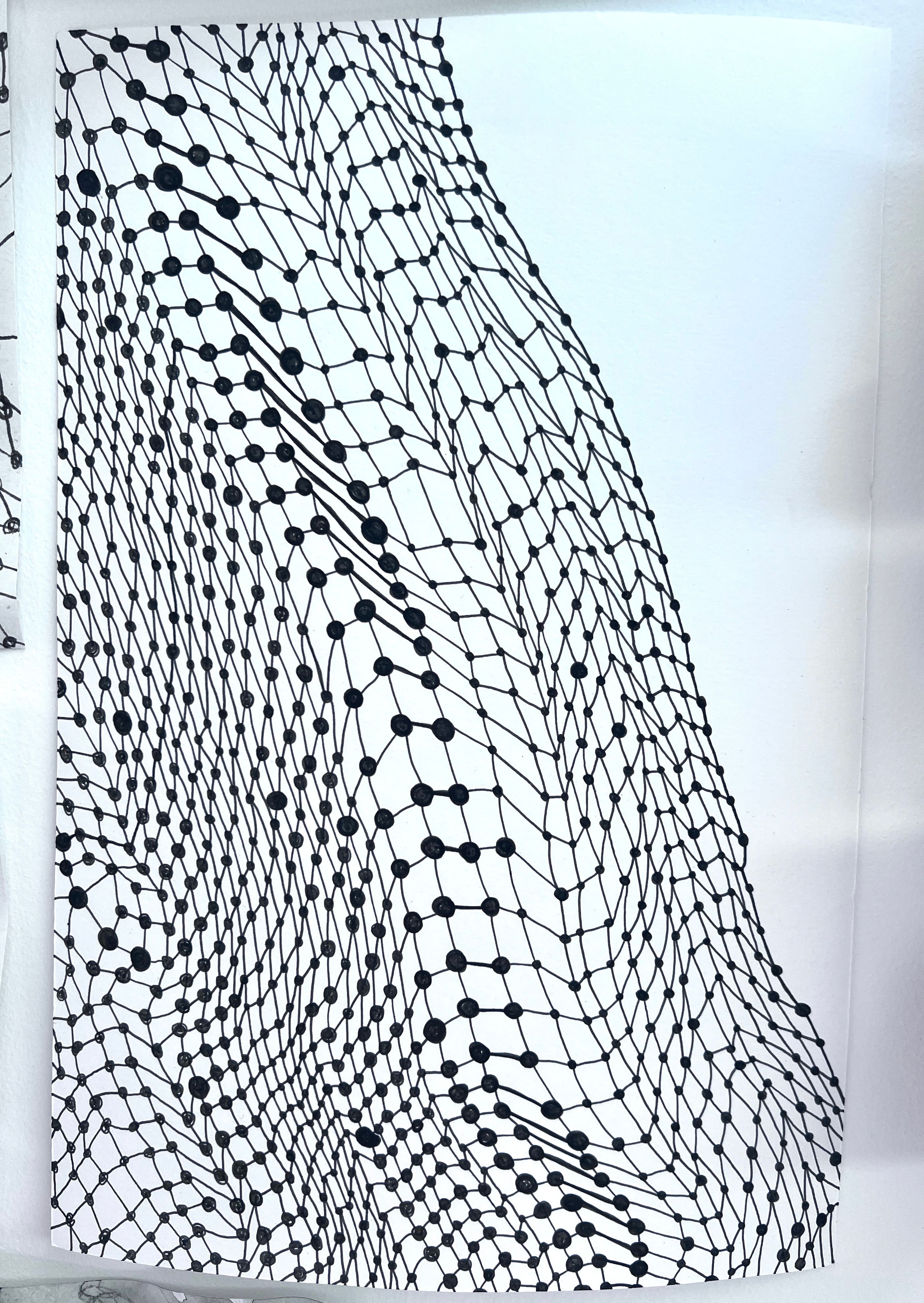 Artist sketch of a net, consisting of meshes. Pen and black lightfast ink drawn on Bristol board white paper, of a meshes consisting of knots and lines, all appear different and irregular. The image covers the paper and appears to be a net structure that is in complete, so you can imagine the possibilities.