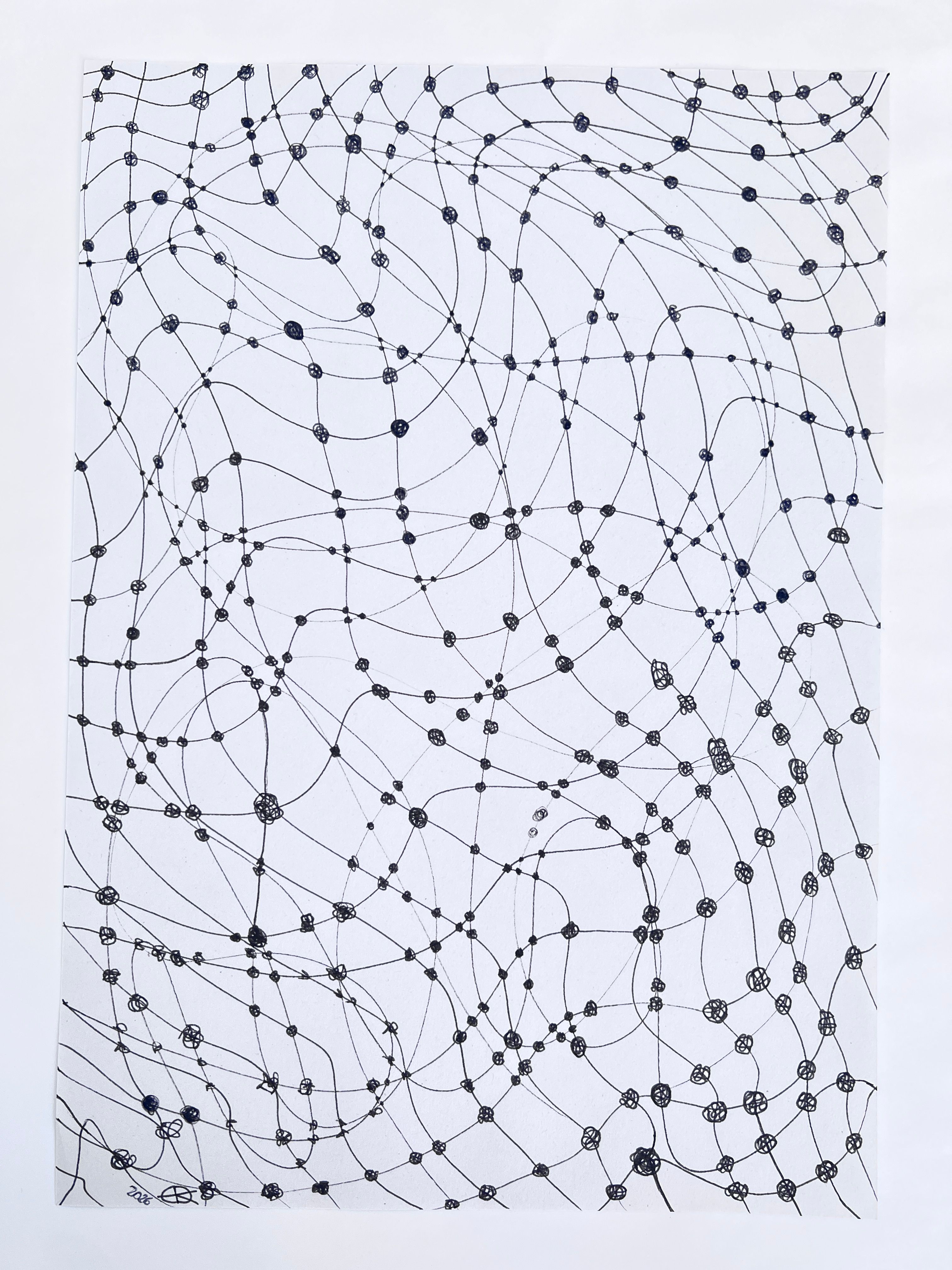 Artist sketch of a net drawn onto off white, recycled coffee cup paper of a meshes consisting of knots and lines, all appear different and irregular. The image covers the paper and appears to be a net structure, with no edges. 