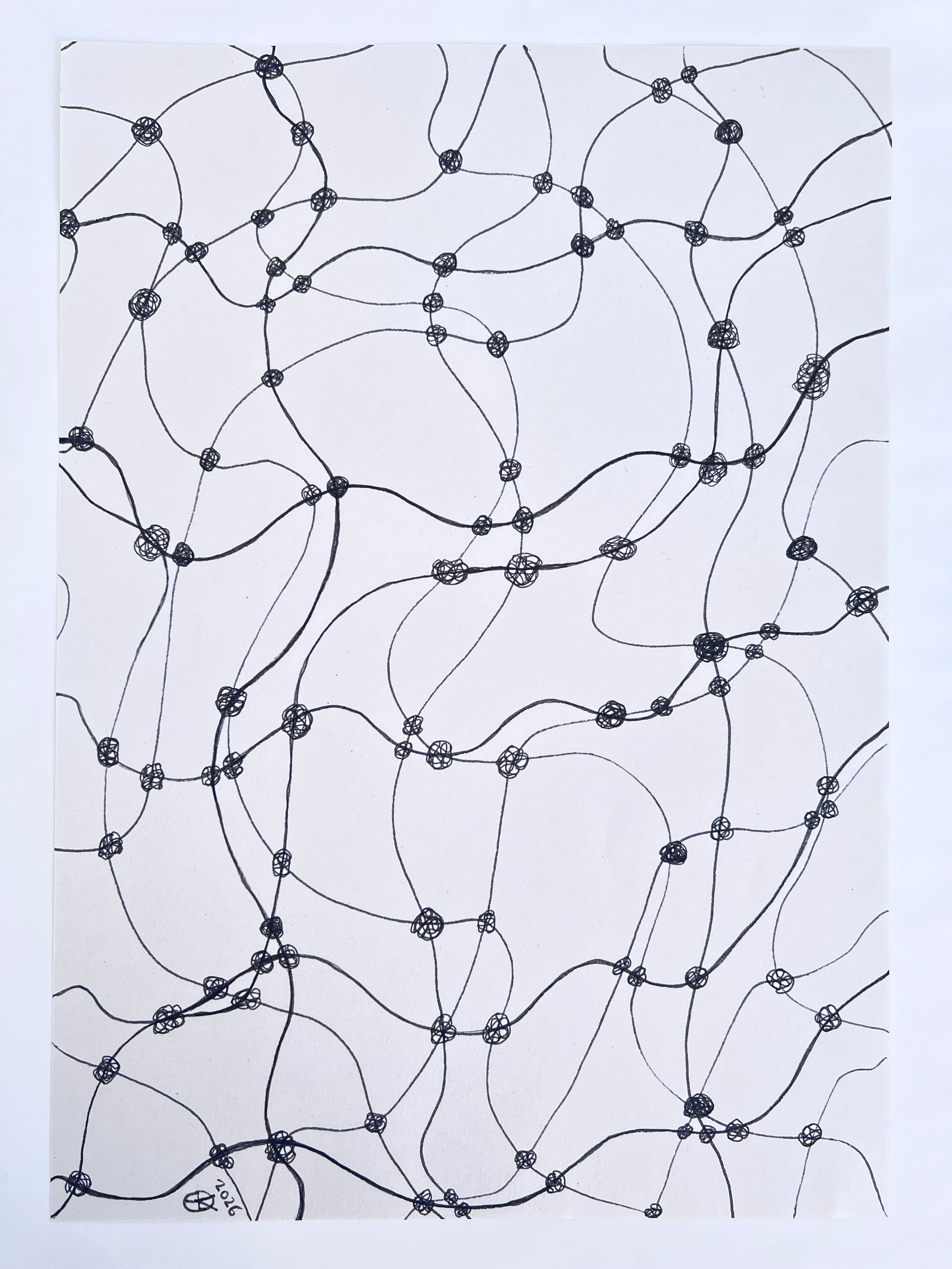 Linear drawing of the mesh, a net like pattern and structure consisting of lines (connectors) and irregular knots interconnecting throughout the composition.