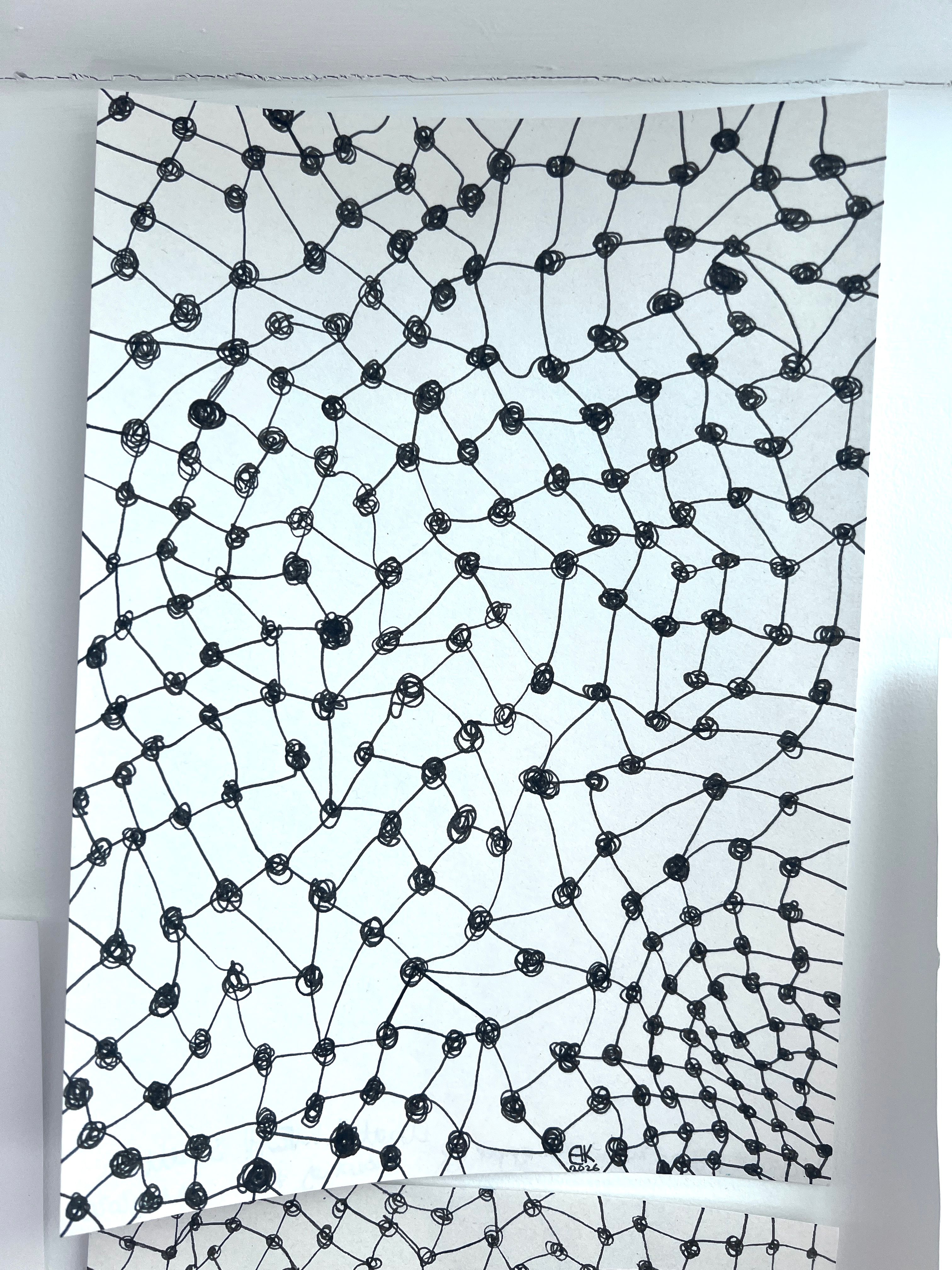Pen and black lightfast ink drawn on paper, of a meshes consisting of knots and lines, all appear different and irregular. 