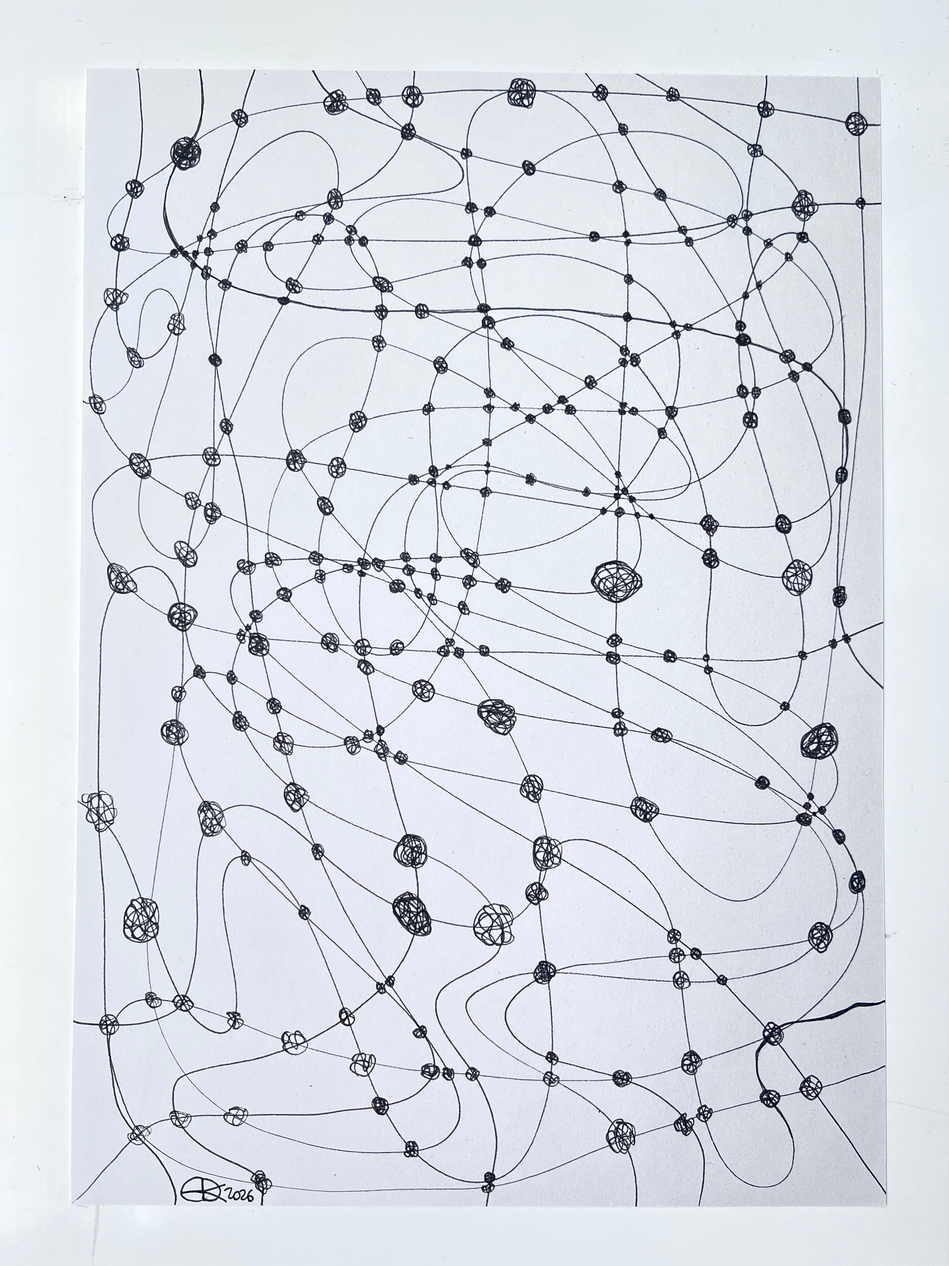Artist sketch of a net drawn onto off white, recycled coffee cup paper of a meshes consisting of knots and lines, all appear different and irregular. The image covers the paper and appears to be a net structure, with no edges. 