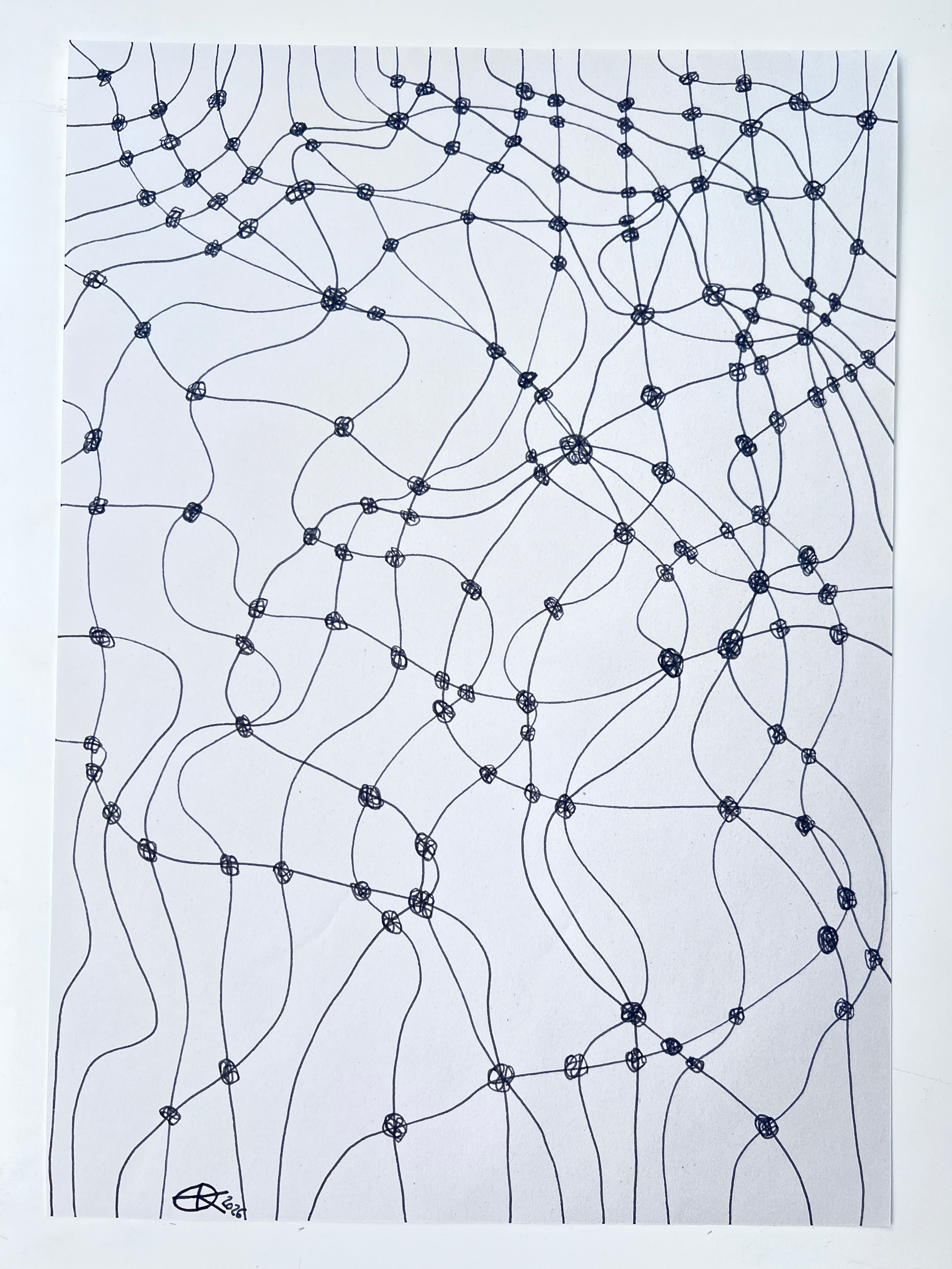 Linear drawing of the mesh, a net like pattern and structure consisting of lines (connectors) and irregular knots interconnecting throughout the composition.