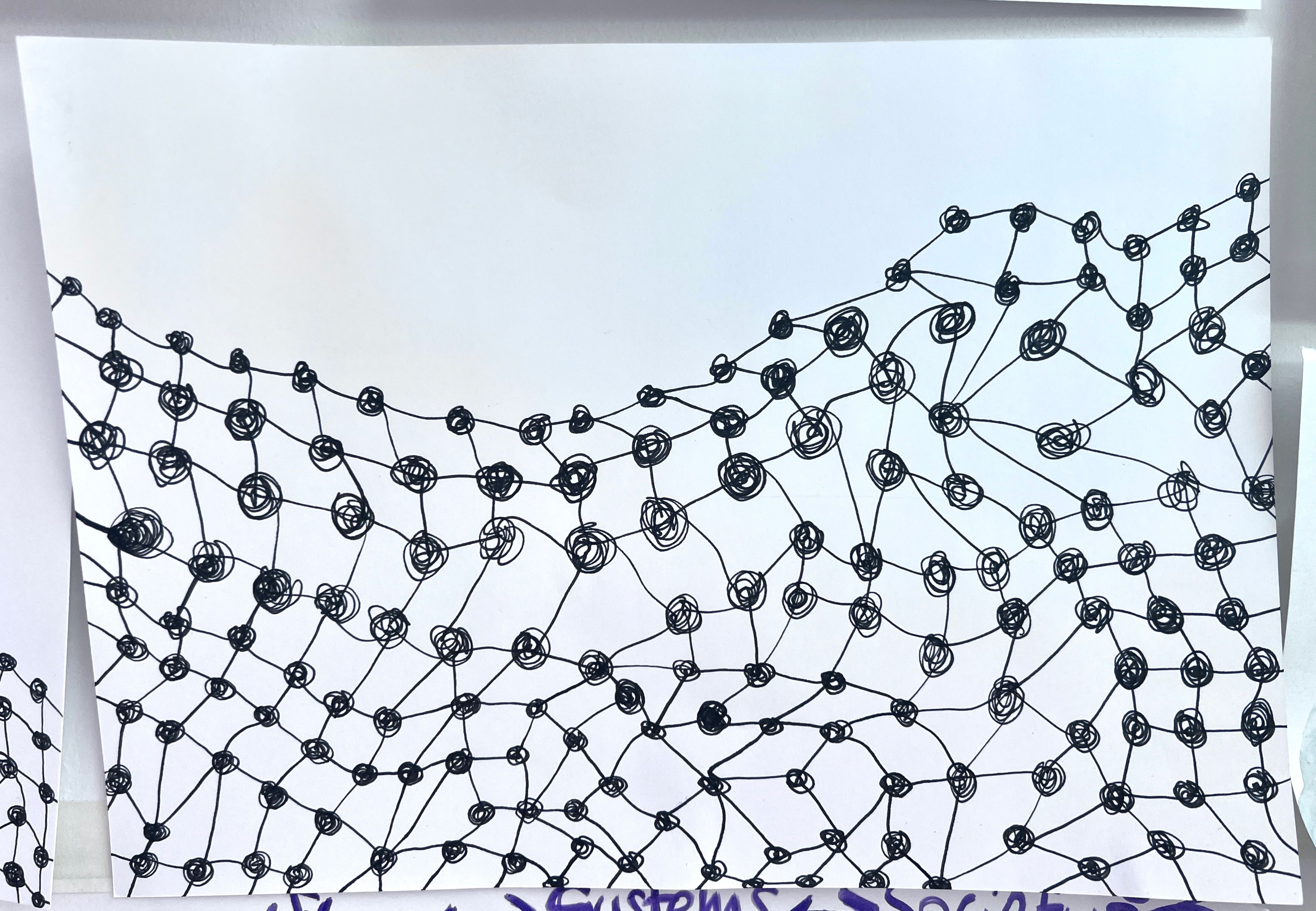 Artist sketch of a net. Pen and black lightfast ink drawn white paper of a meshes consisting of knots and lines, all appear different and irregular.