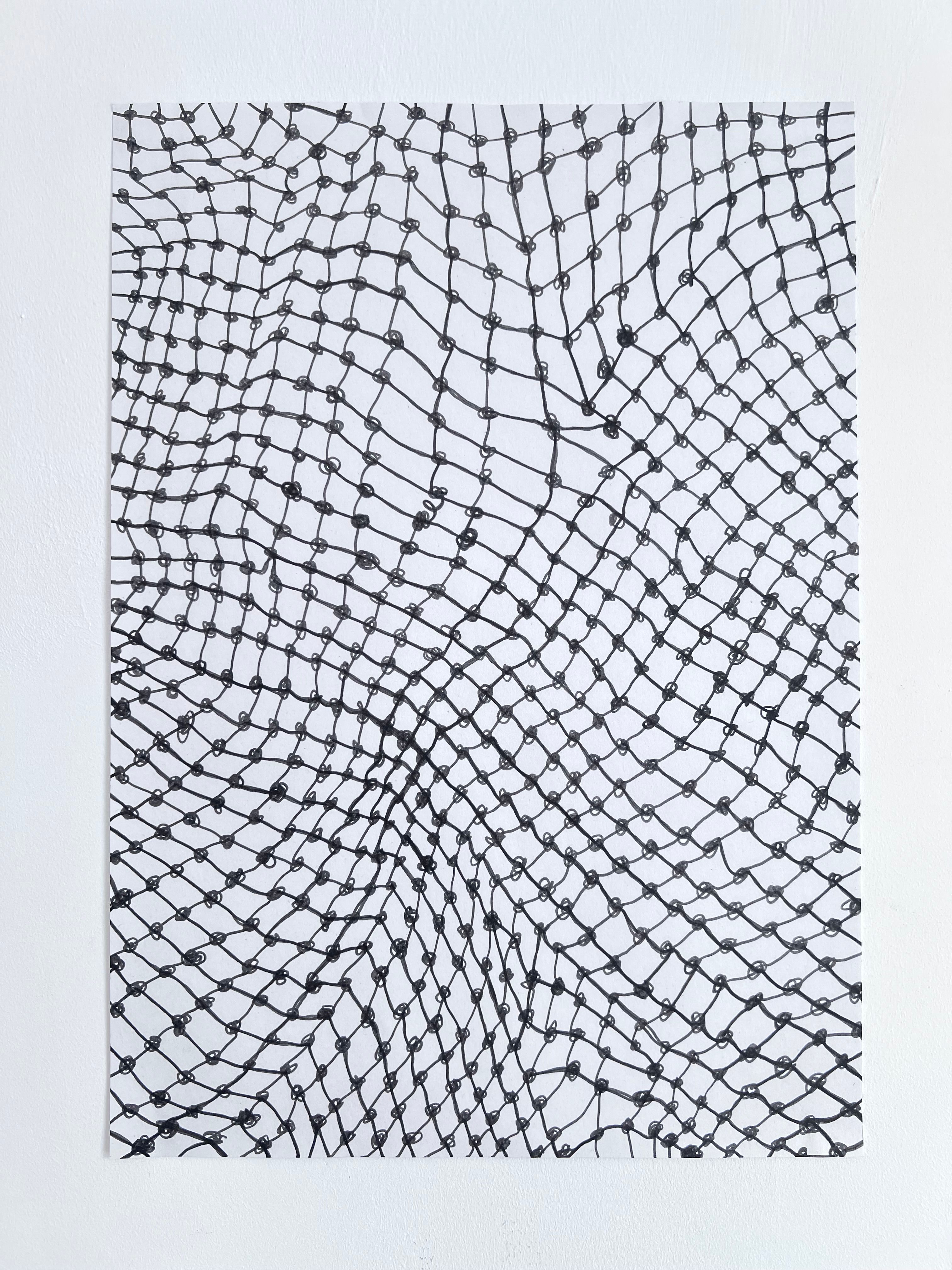 Artist sketch of a net. Pen and black lightfast ink drawn on off white, recycled coffee cup paper of a meshes consisting of knots and lines, all appear different and irregular. The image covers the paper and appears to be a net structure, with no edges. 