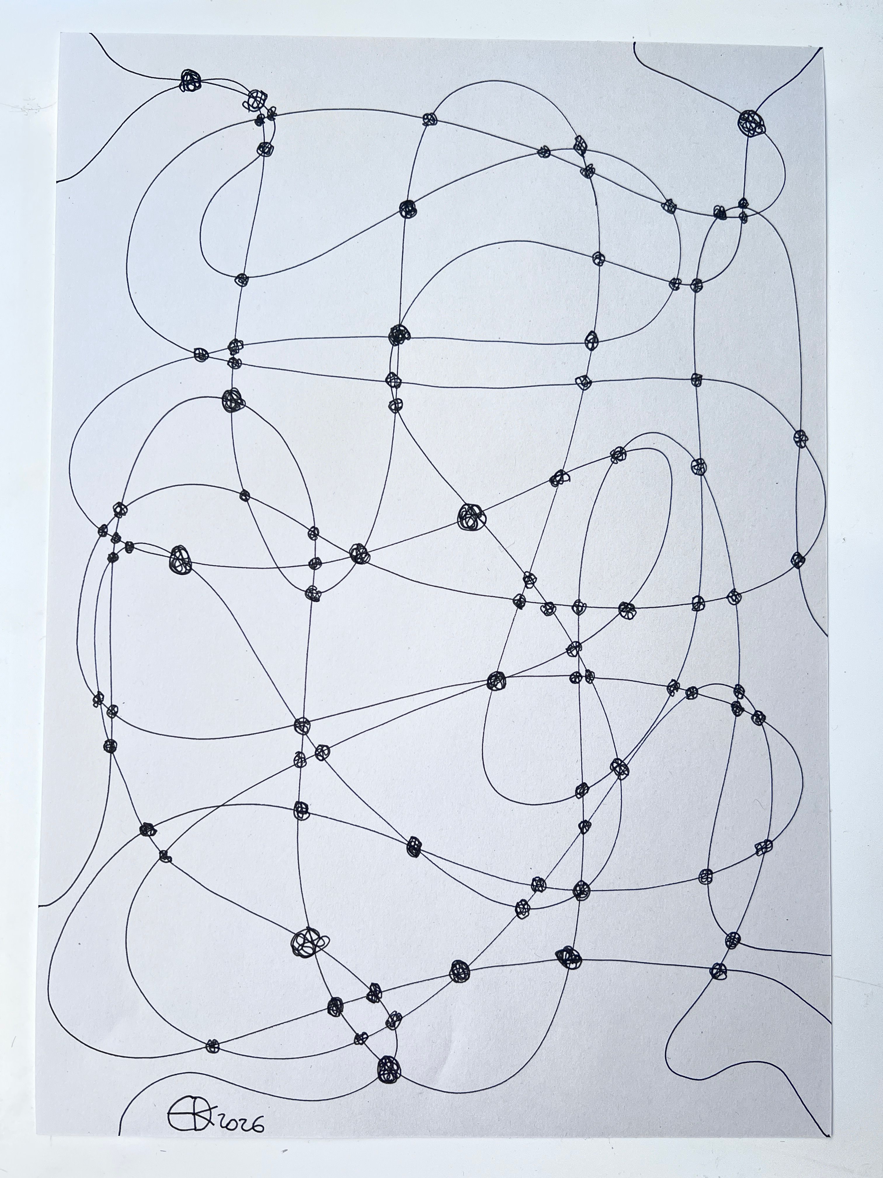 Linear drawing of the mesh, a net like pattern and structure consisting of lines (connectors) and irregular knots interconnecting throughout the composition.