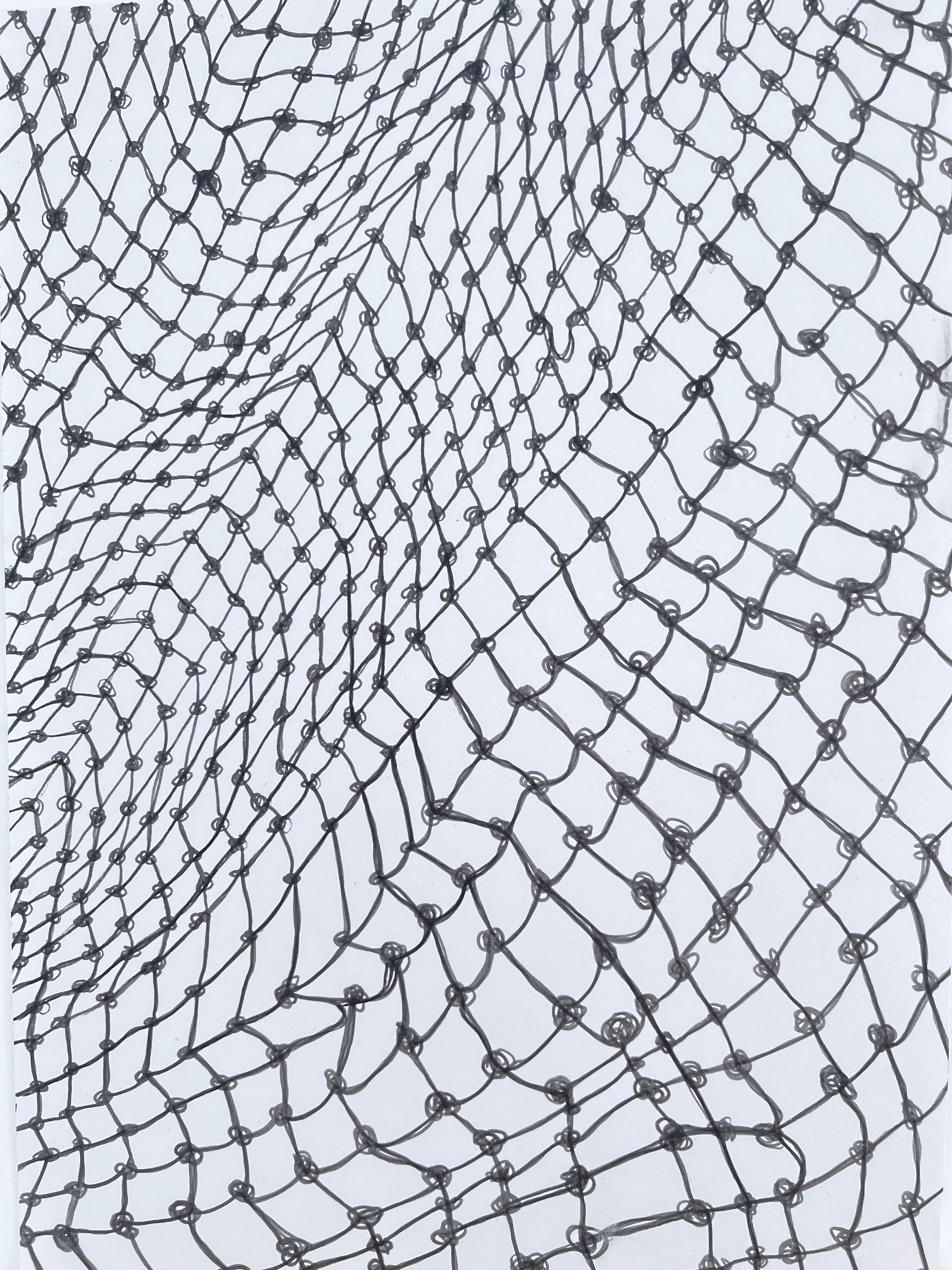 Pen and black lightfast ink drawn on off white, recycled coffee cup paper of a meshes consisting of knots and lines, all appear different and irregular. The image covers the paper and appears to be a net structure, with no edges or boundaries.. 