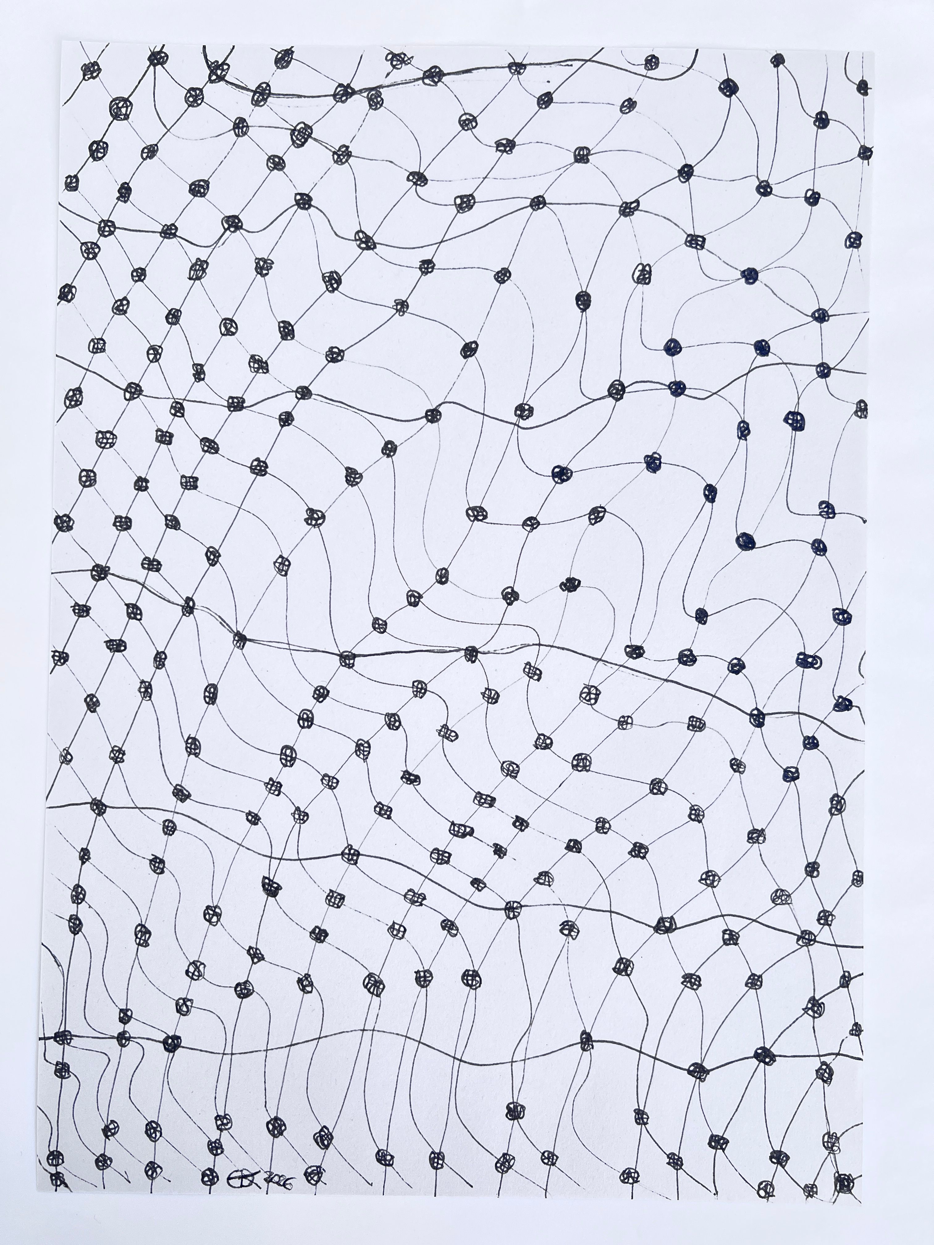 Linear drawing of the mesh, a net like pattern and structure consisting of lines (connectors) and irregular knots interconnecting throughout the composition.
