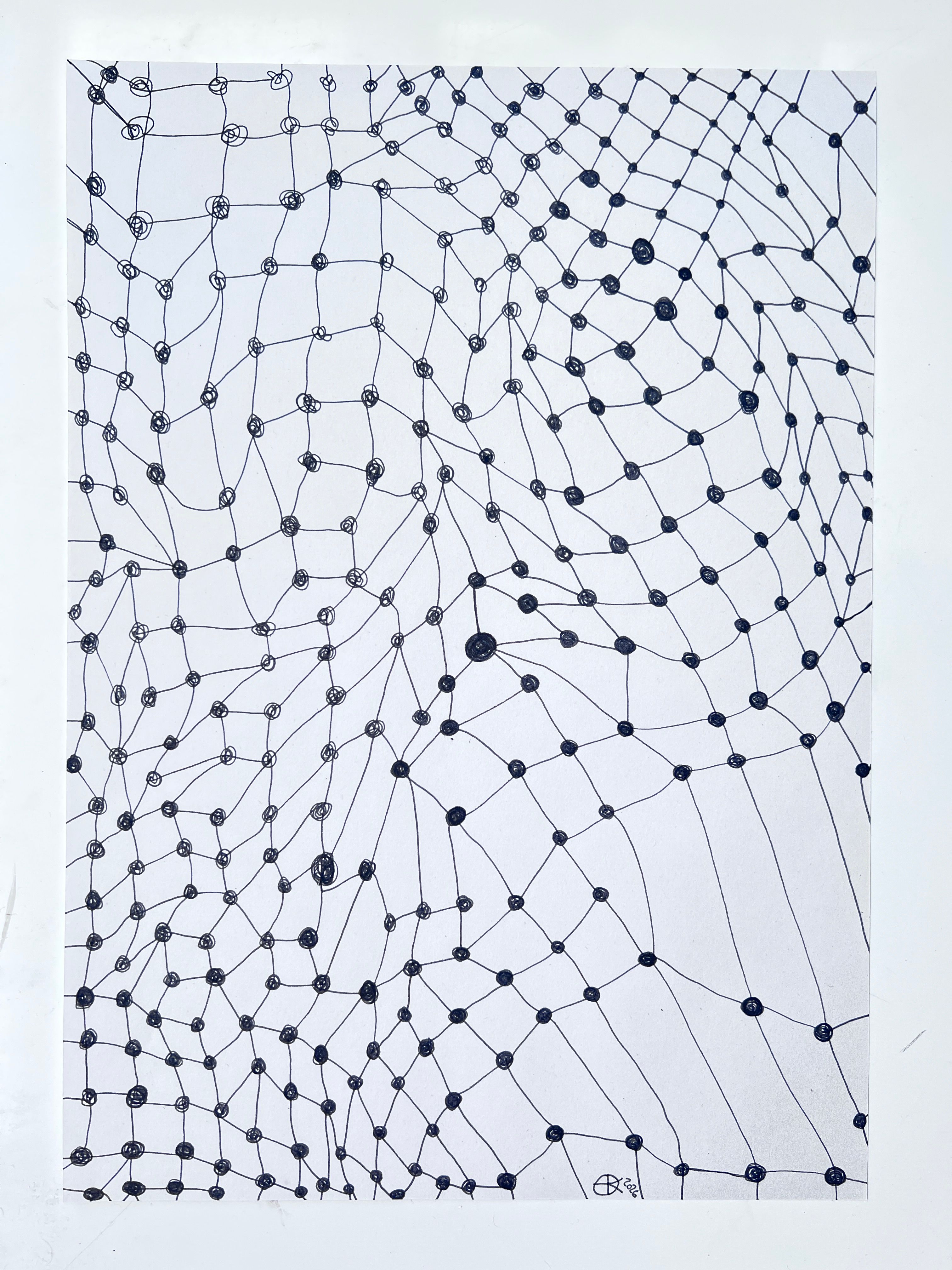 Artist sketch of a net drawn onto off white, recycled coffee cup paper of a meshes consisting of knots and lines, all appear different and irregular. The image covers the paper and appears to be a net structure, with no edges. 