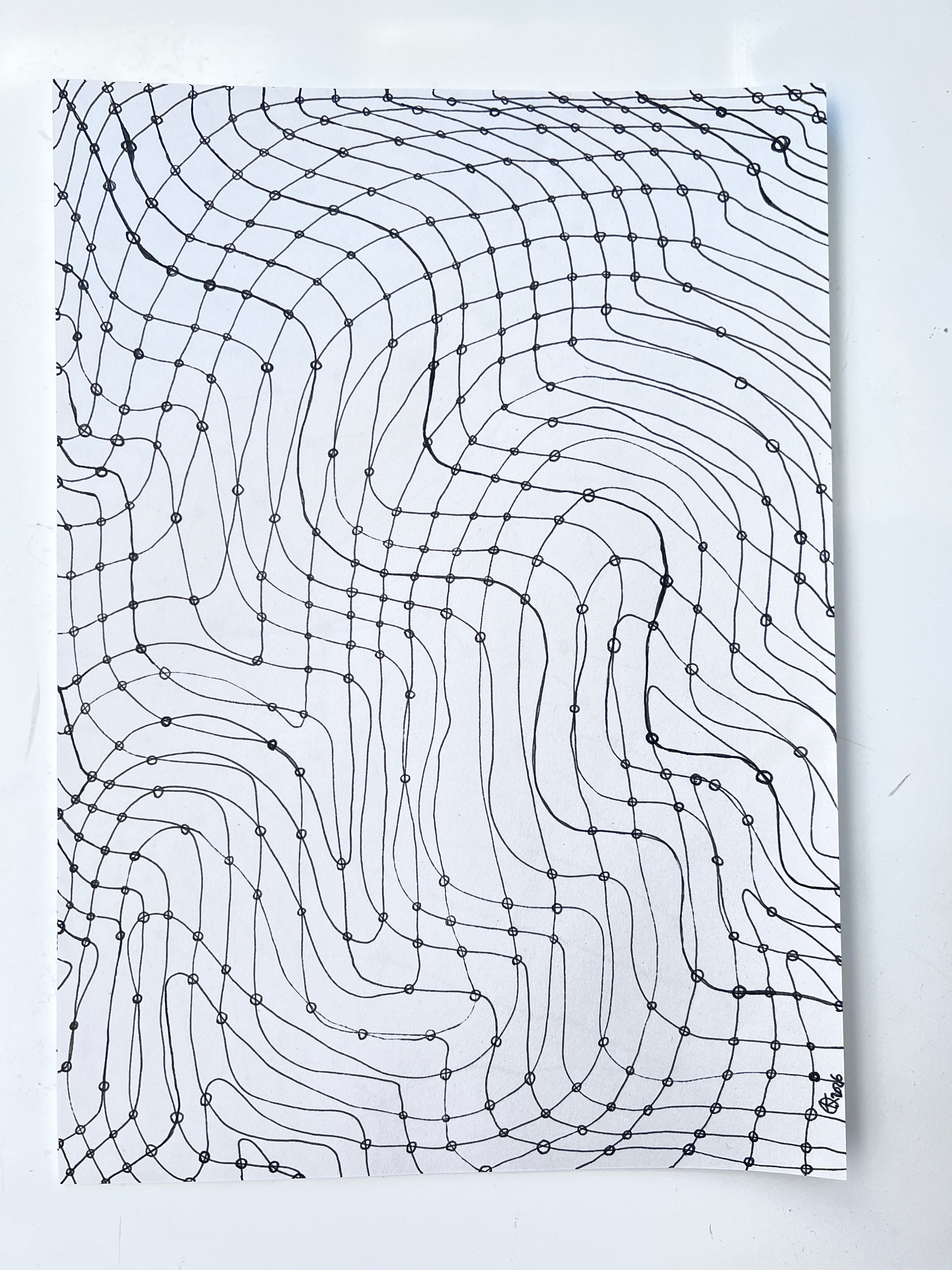 Artist sketch of a net drawn onto off white, recycled coffee cup paper of a meshes consisting of knots and lines, all appear different and irregular. The image covers the paper and appears to be a net structure, with no edges. 