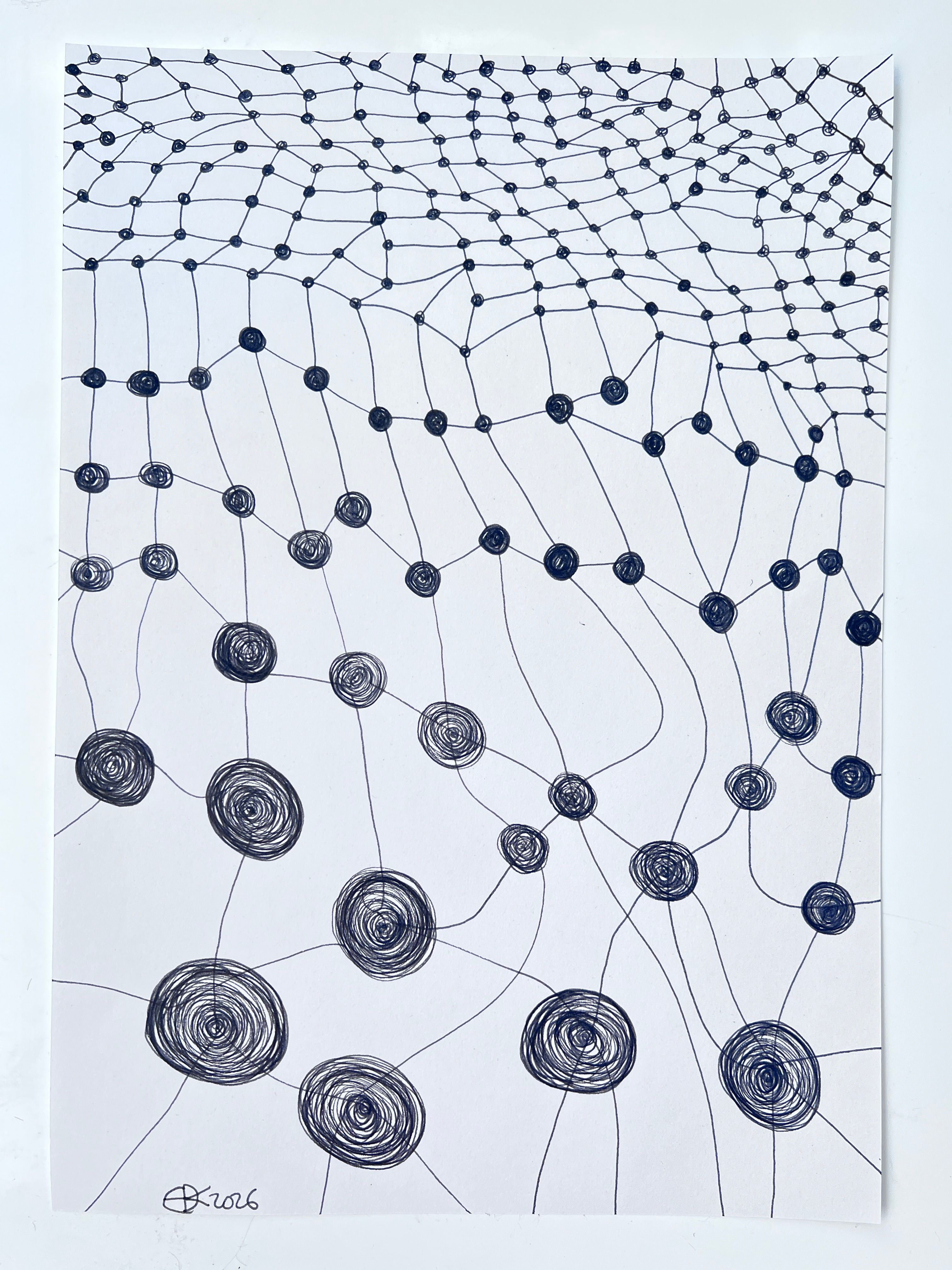 Artist sketch of a net drawn onto off white, recycled coffee cup paper of a meshes consisting of knots and lines, all appear different and irregular. The image covers the paper and appears to be a net structure, with no edges. 
