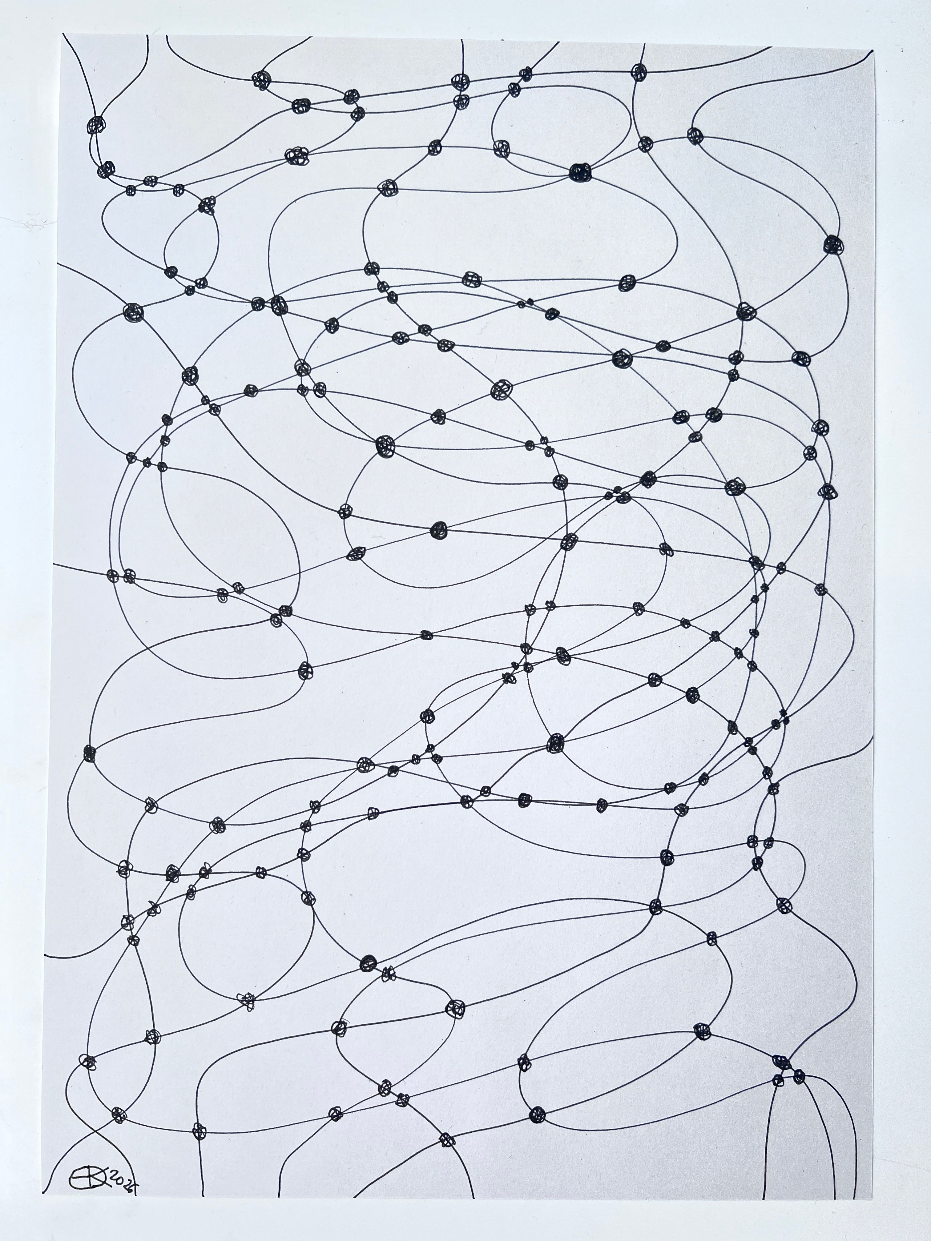 Artist sketch of a net drawn onto off white, recycled coffee cup paper of a meshes consisting of knots and lines, all appear different and irregular. The image covers the paper and appears to be a net structure, with no edges. 