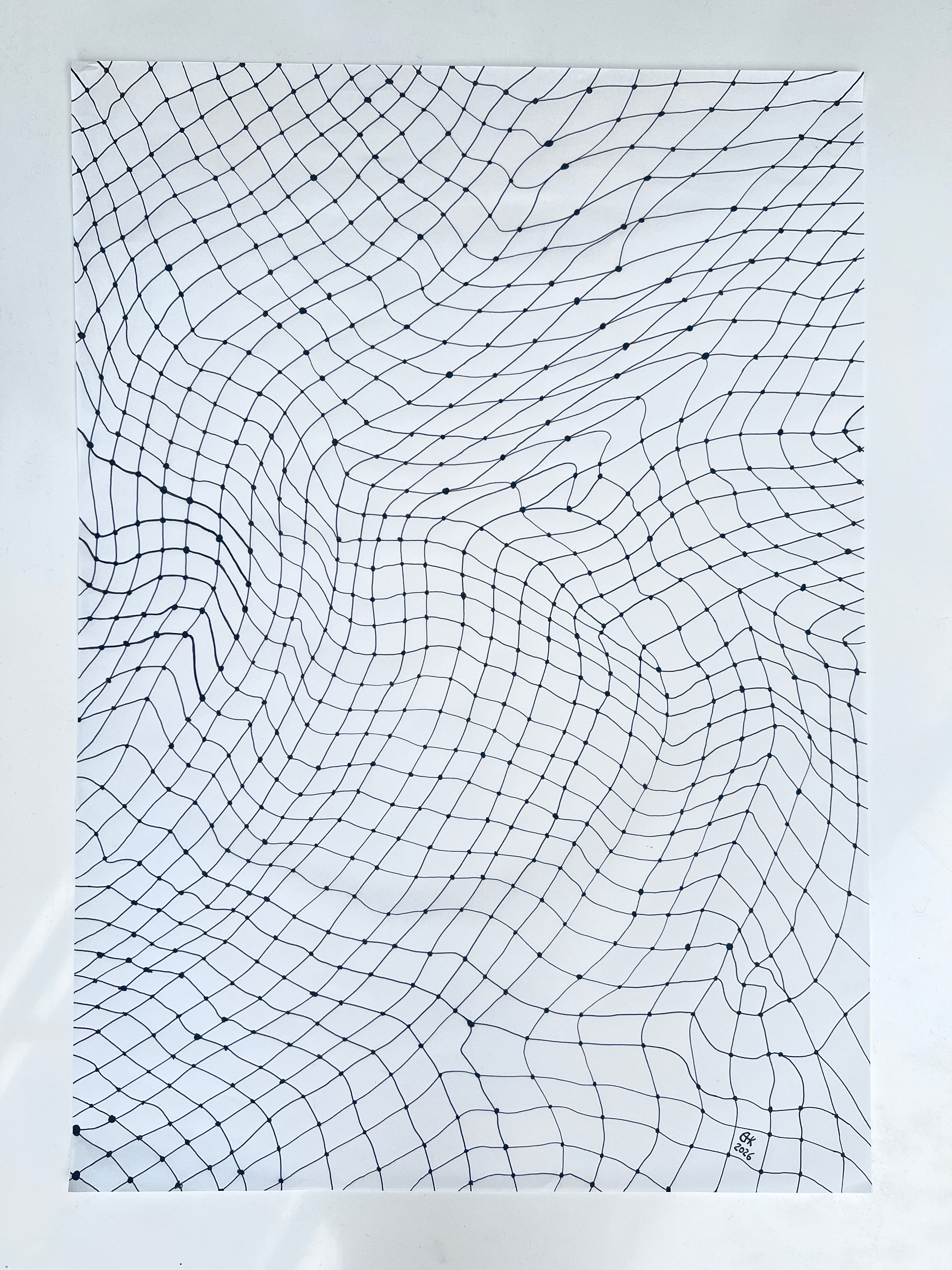 This compositional drawing created with black lightfast ink drawn on delicate 50gms paper of a meshes consisting of knots and lines, all appear different and irregular. The image covers the paper and appears to be a net structure, with no edges or boundaries.
