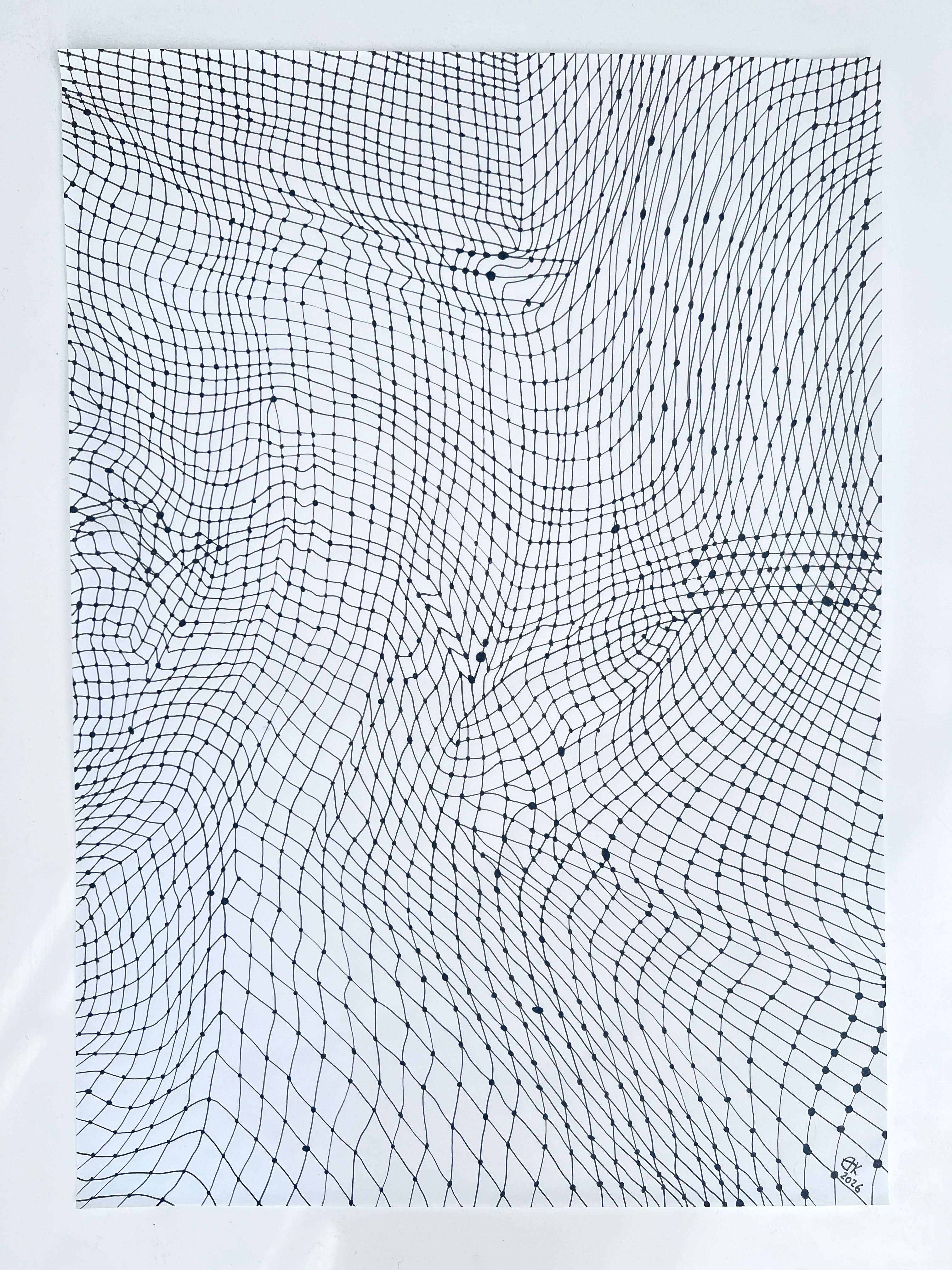 This compositional drawing created with black lightfast ink drawn on delicate 50gms paper of a meshes consisting of knots and lines, all appear different and irregular. The image covers the paper and appears to be a net structure, with no edges or boundaries.