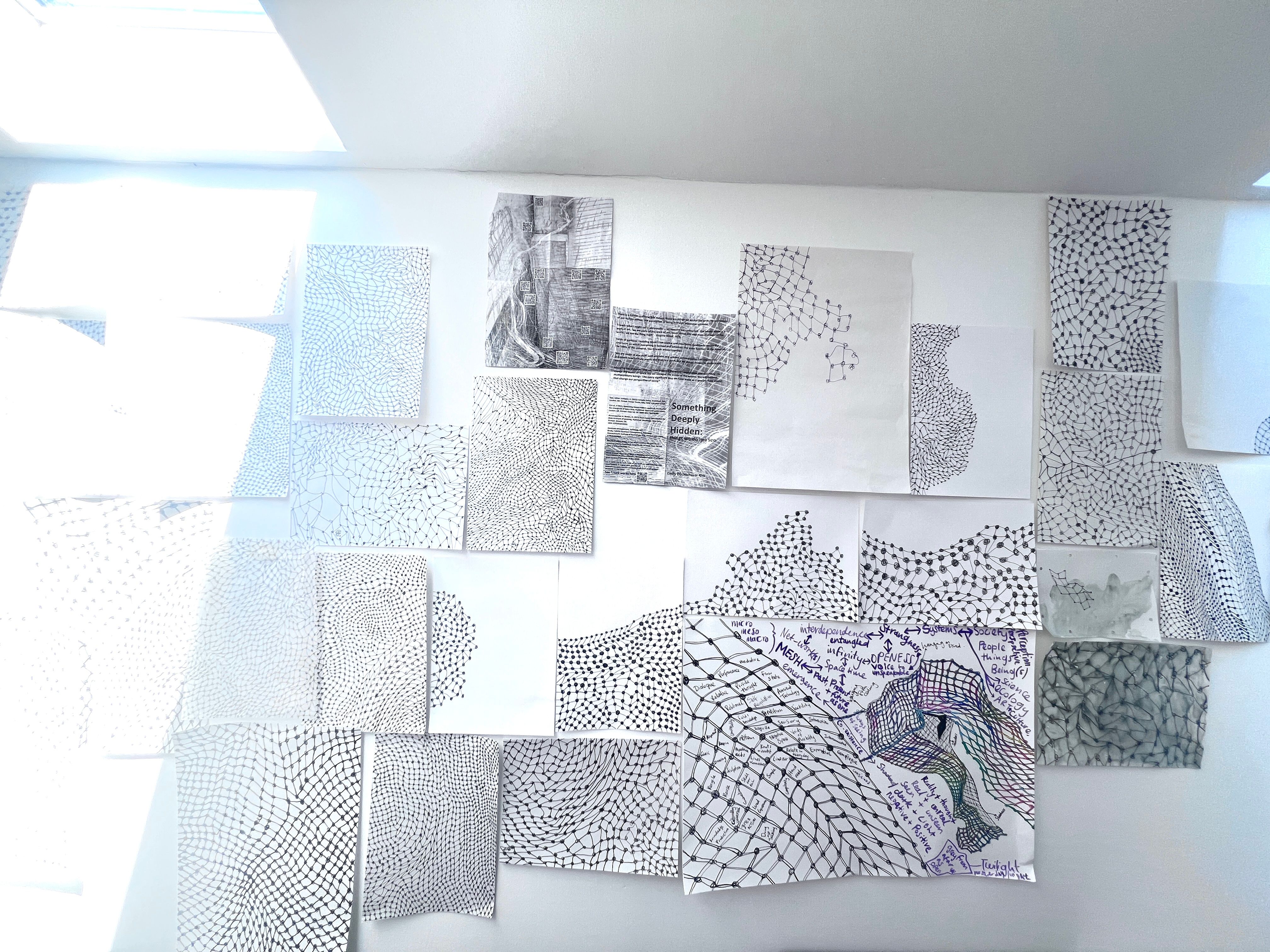 mesh drawings on the studio wall with bright, vibrant, sunlight beam
