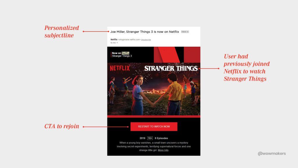 For example, to gain their viewers who are no longer subscribed, Netflix emails their former viewers about the new season of their favorite show.