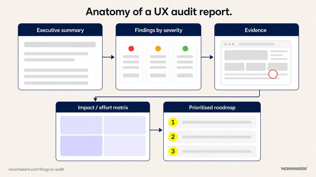 Anatomy of a UX audit report: executive summary, findings by severity, evidence with an annotated screenshot, an impact/effort matrix, and a prioritised roadmap.