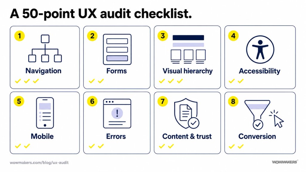 The 50-point UX audit checklist at a glance: eight categories — navigation, forms, visual hierarchy, accessibility, mobile, errors, content and trust, conversion.
