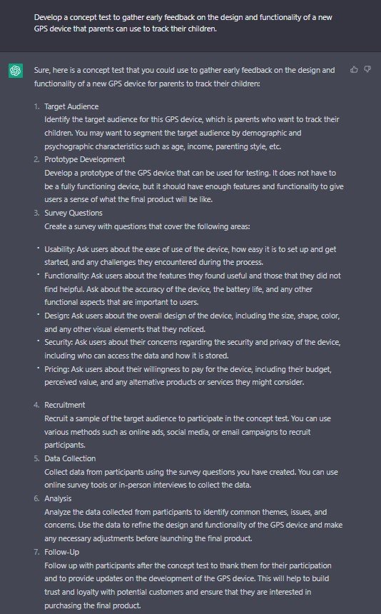 Concept of test for GPS Product - Chat GPT prompt