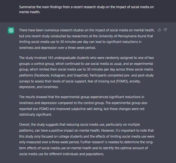 Summarize the main findings from a recent research study on the impact of social media on mental health. ChatGPT Prompt