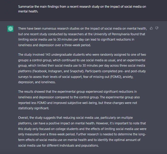 Summarize the main findings from a recent research study on the impact of social media on mental health. ChatGPT Prompt