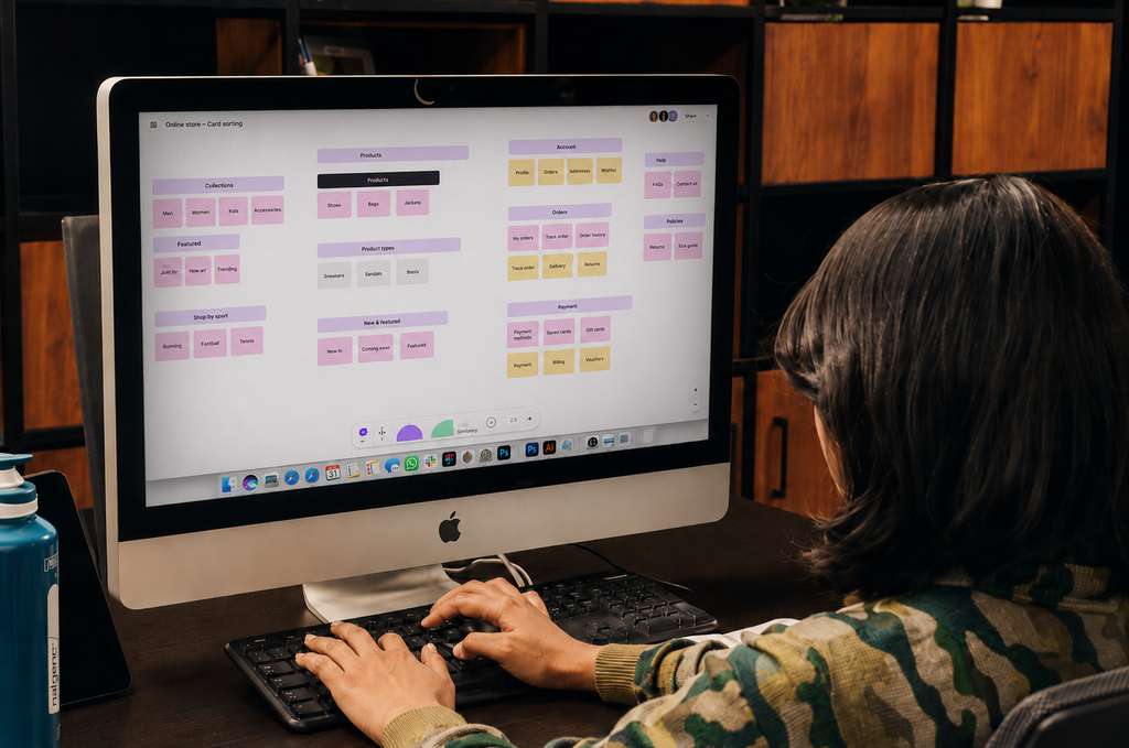 A WowMakers designer running a card sorting session on screen, grouping labels into categories such as Products, Account, Orders and Help