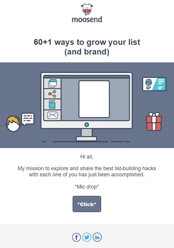 Moosend email newsletter example displaying a clean desktop layout with list-building tips.