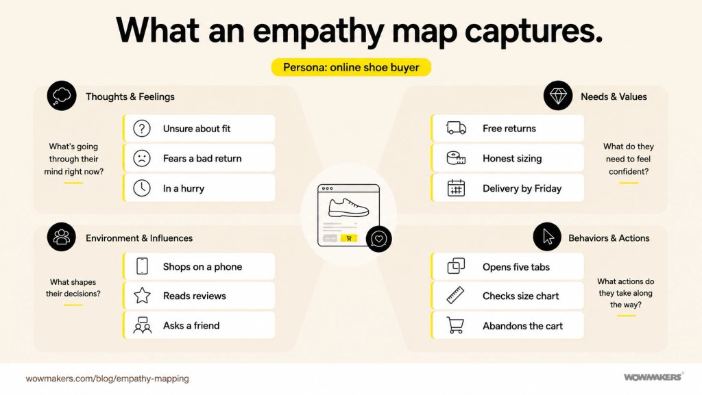 Empathy map with four panels — thoughts and feelings, needs and values, environment and influences, behaviors and actions — filled in for an online shoe shopper