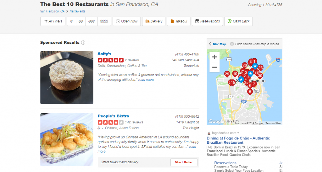 Yelp listing