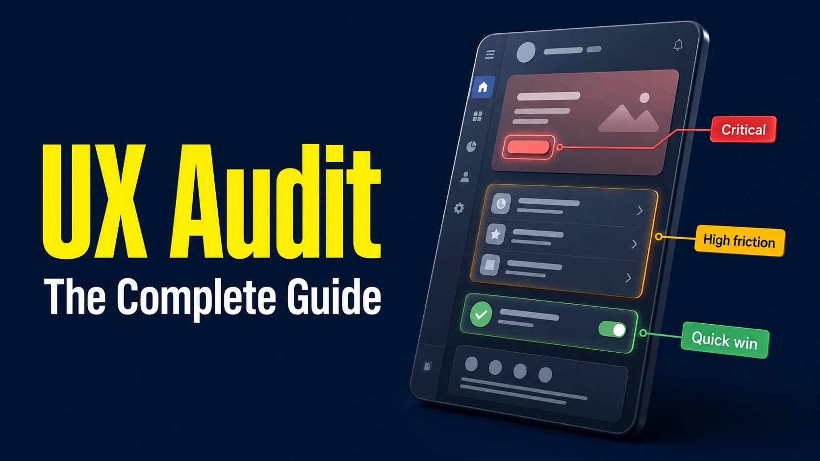 UX Audit — The Complete Guide: a product interface under a spotlight with audit verdict tags marking a critical issue, a high-friction area, and a quick win.
