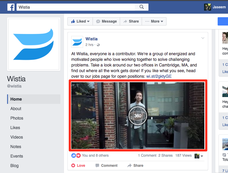 Usage of video on the Wistia Facebook page