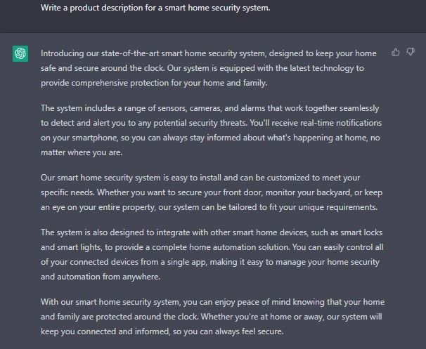 Write a product description for a smart home security system. ChatGPt Prompt