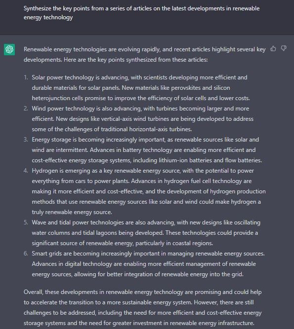 Synthesize the key points from a series of articles on the latest developments in renewable energy technology ChatGPT Prompt