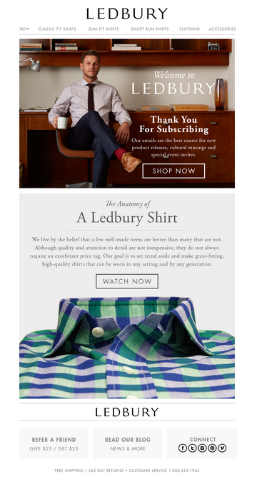 Ledbury Welcome Email Example: How eCommerce brands use storytelling and video links in their initial email marketing campaigns to boost subscriber engagement.