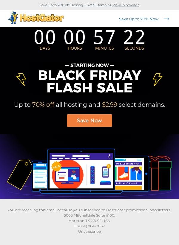 HostGator Black Friday promotional email example featuring a bold flash sale banner, 70 percent discount offer, and a prominent orange "Save Now" call-to-action button.
