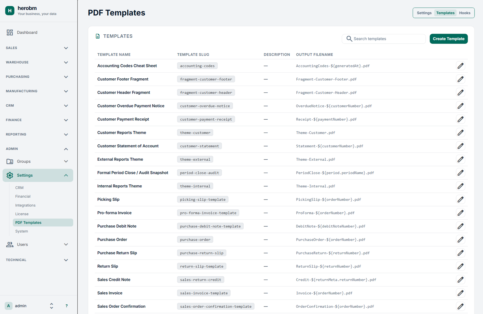 Screenshot showing the list of templates in HeroBM