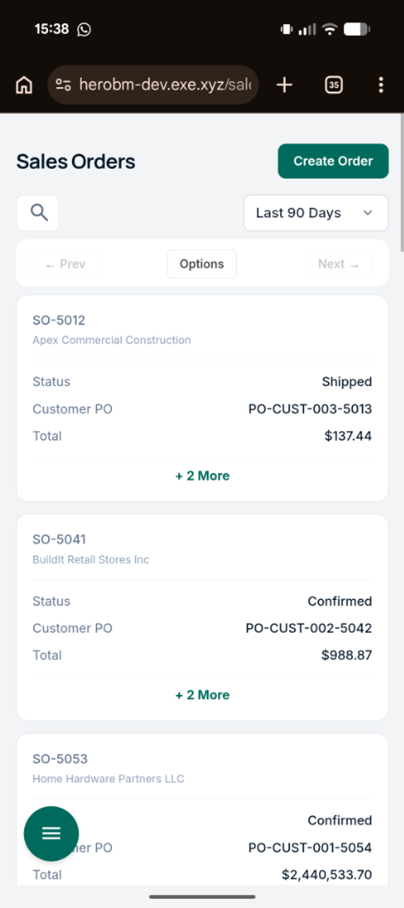 HeroBM Mobile Sales Orders View