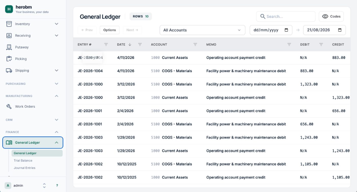 HeroBM General Ledger Accounting Entries