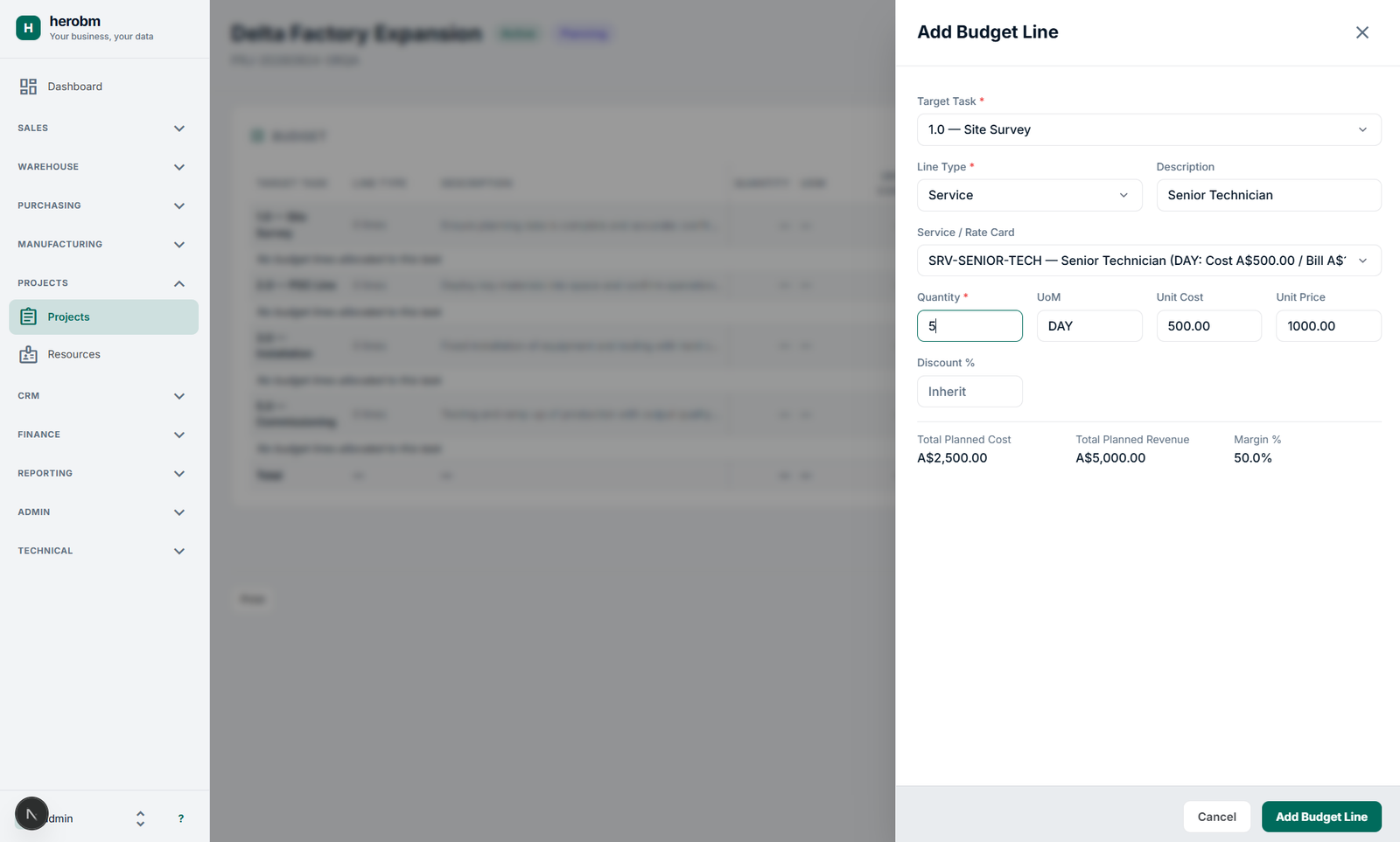 Screen capture from HeroBM adding a budget line to a Project