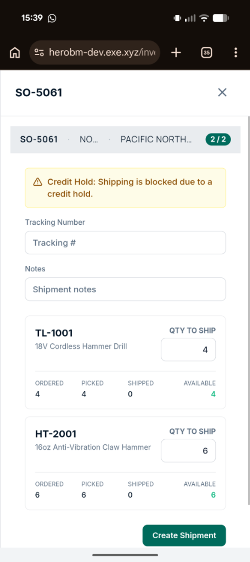 HeroBM Mobile Shipping & Dispatch View