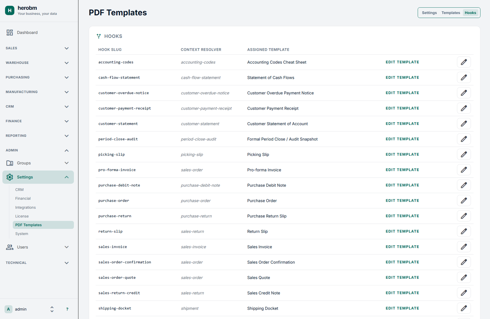 Screenshot showing the list of hooks for triggering PDF generation in HeroBM