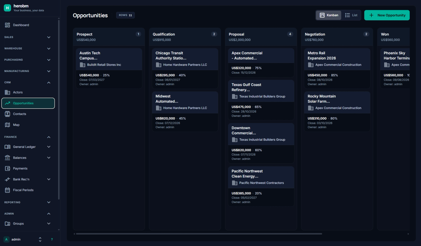 HeroBM Opportunities view in Dark Mode