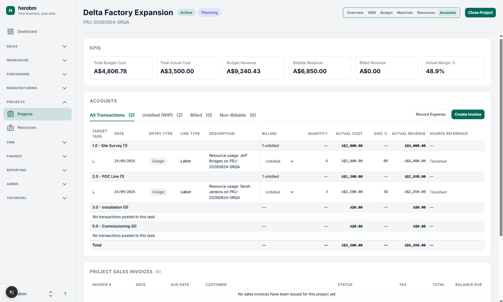 Screen capture from HeroBM showing the Accounts tab within a Project