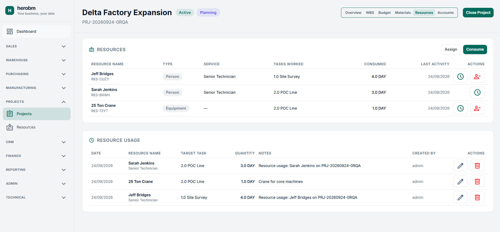 Screen capture from HeroBM showing the Resource view in a Project