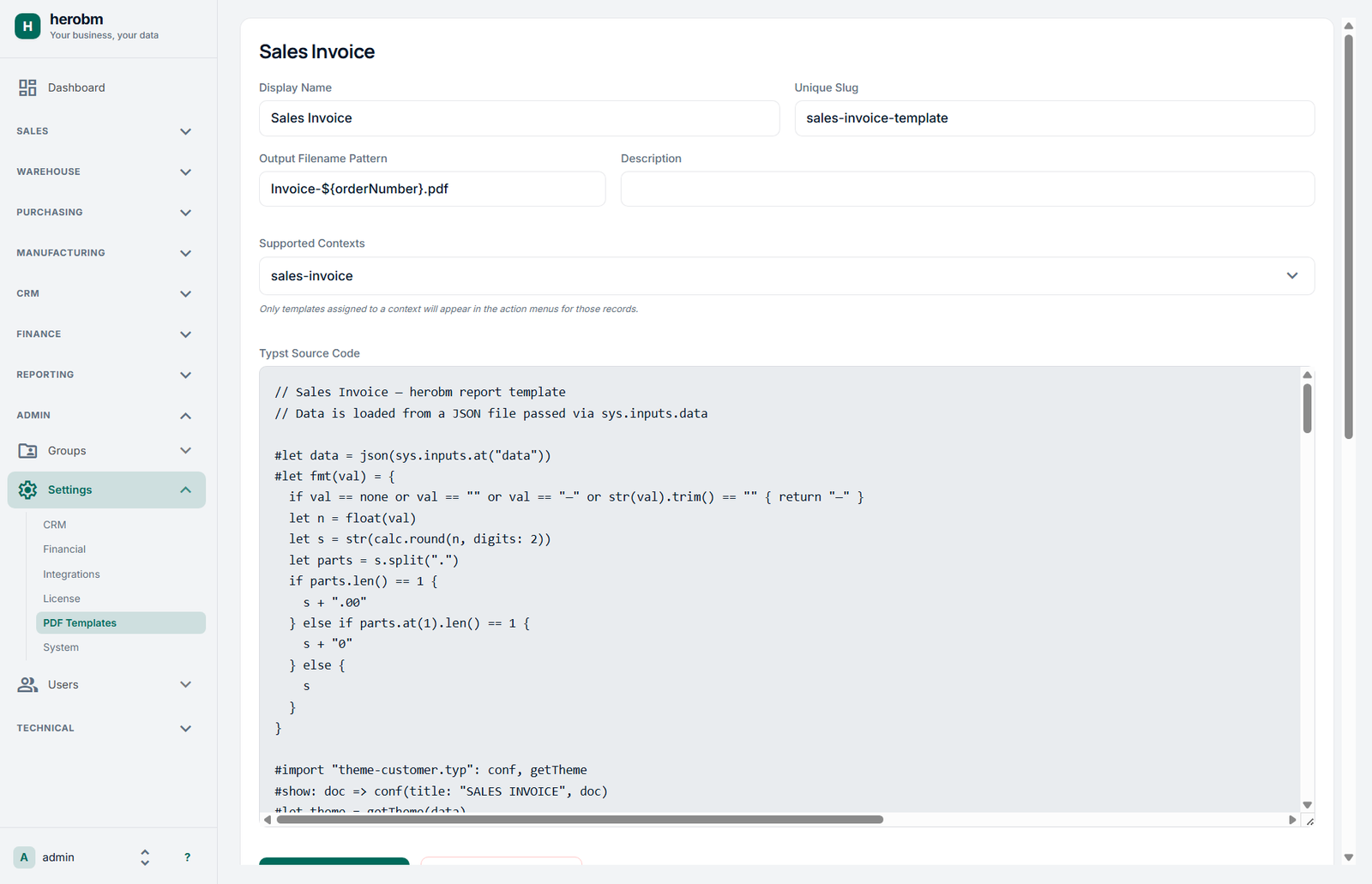 Screenshot showing template editing in the HeroBM UI